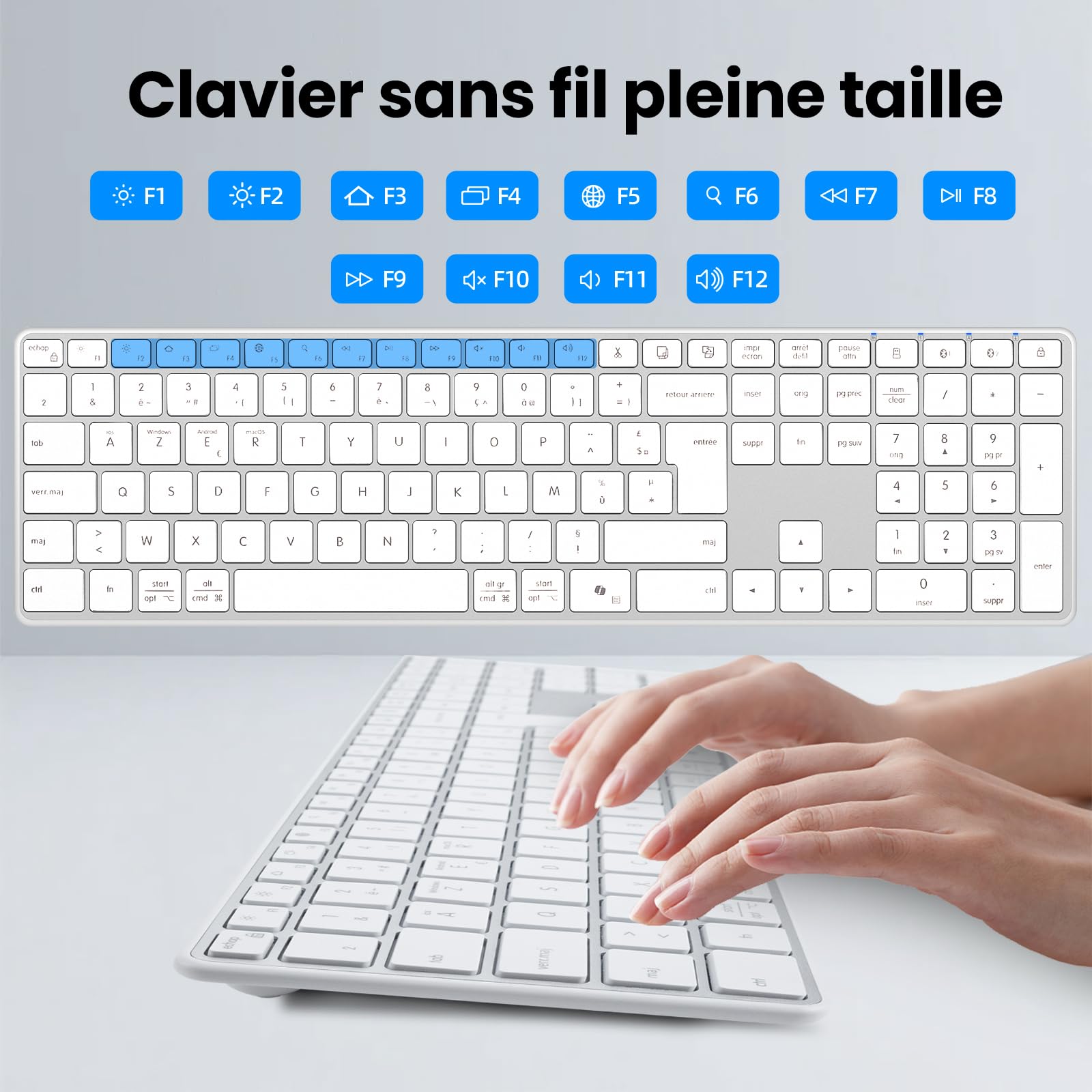 Tastiera Bluetooth senza fili in acciaio inox, a dimensione completa con tastierino digitale, multi-dispositivo, tasti silenziosi a profilo basso, doppia modalità 2.4G + Bluetooth per PC