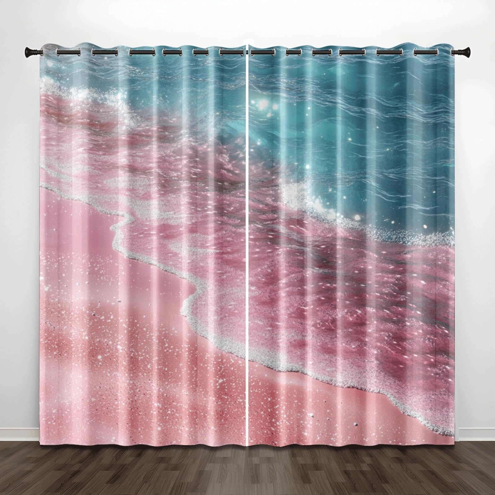Curtain Rosa Blauer Strand Gardinen Polyester Vorhang mit Ösen Blackout Curtain Waschbar Vorhänge mit Ösen Living Room Thermovorhang Schlafzimmer Verdunklungsvorhänge Blickdicht 2x140x160cm