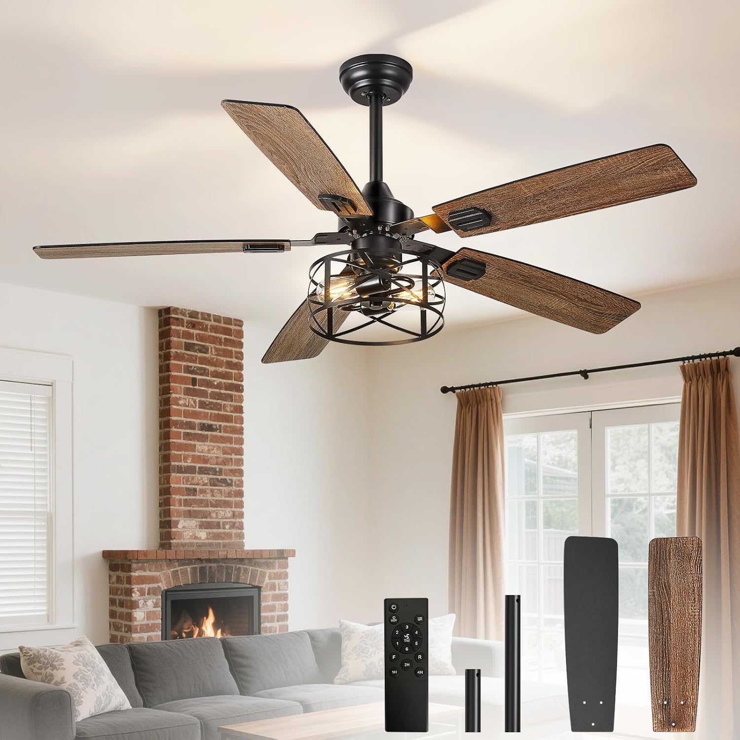 Depuley 52-Inch Ceiling Fans with Lights: Caged Ceiling Fans Dual Finish 5 Blades - Rustic Ceiling Fan with Remote Control for Farmhouse Living Room Outdoor Porch (E27 Bulb Included)