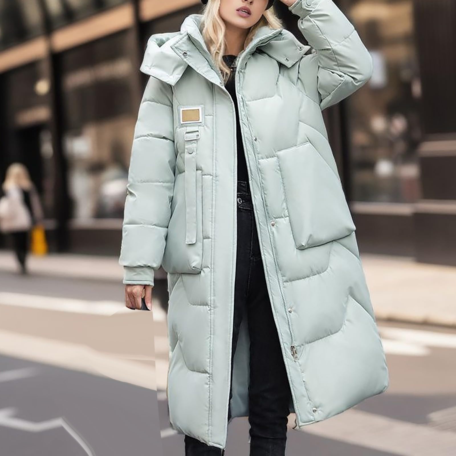 Chaqueta acolchada de plumón para mujer, abrigo acolchado de longitud media, abrigos largos acolchados para mujer con capucha desmontable, abrigo sólido para mujer, abrigo impermeable de manga larga,