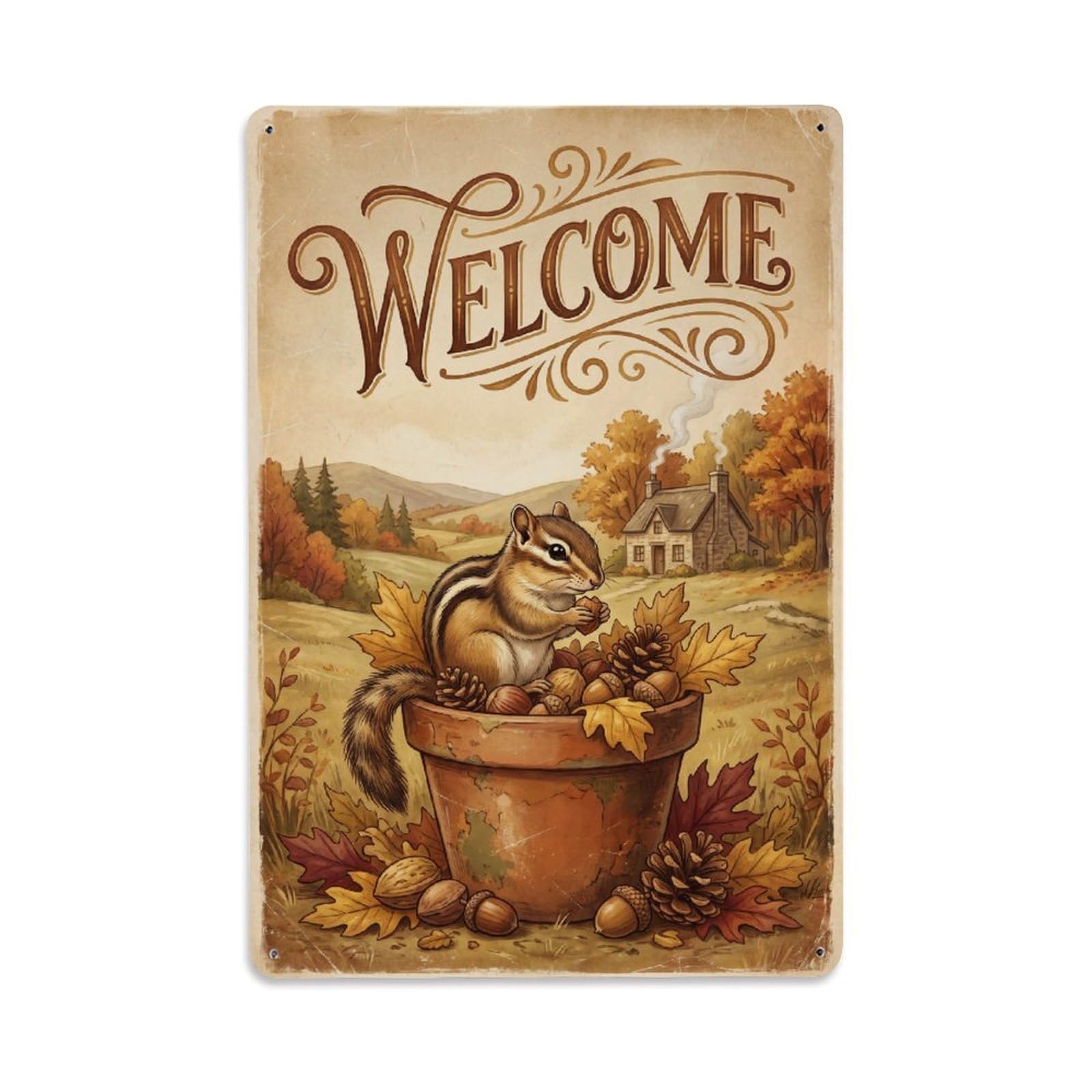 Cxhjca 8X12inch(20X30cm) Vintage Welcome Chipmunk Woodland Friends（1） Metal Tin Sign