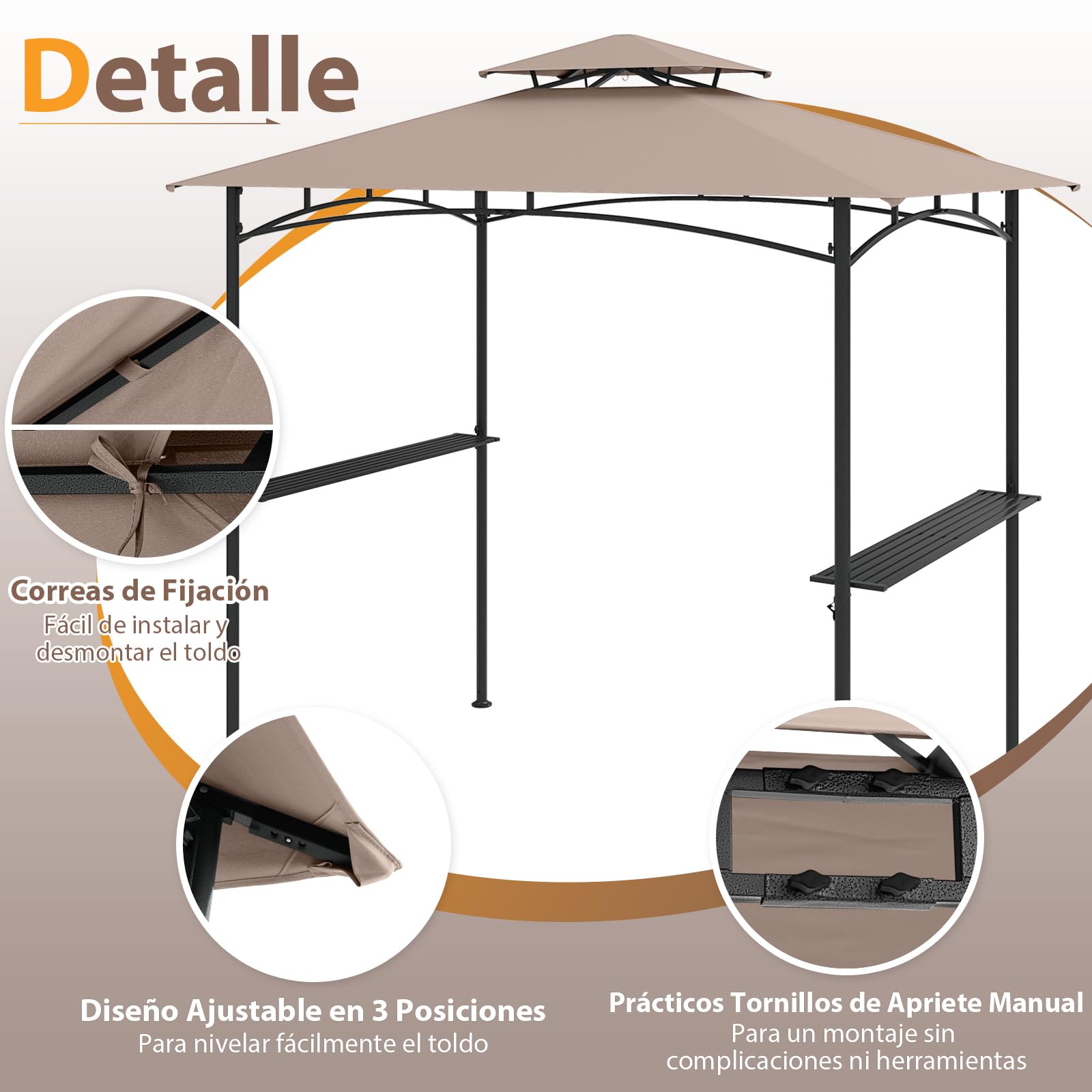 COSTWAY Carpa de Barbacoa 242 x 150 cm, Pergolas de Jardin de Techo Doble con 2 Estantes, 6 Ganchos, Estructura Metálica, Cenador para BBQ Jardín Terraza Fiesta Picnic (café)