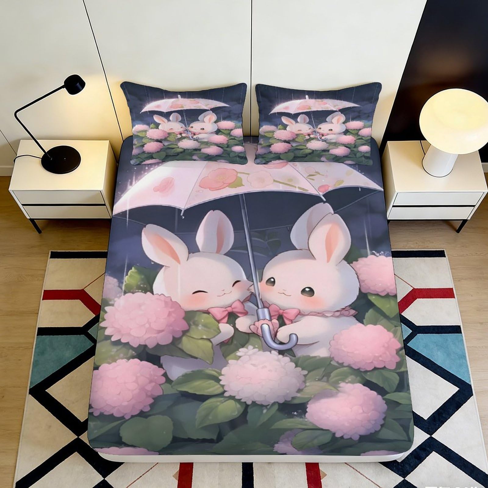 Dhbaneiok Style-9 3D Printed Cute Bunny Fitted Sheet Microfiber Soft Pink Floral Bed Sheet For Bedroom Guest Room Decor Mattress Protection 90X200x25cm