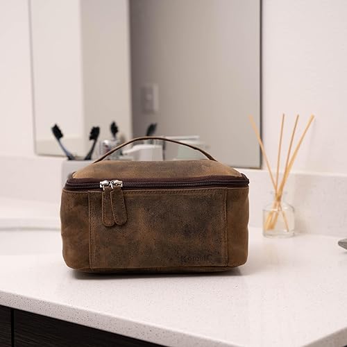 Miniatura 2 de KomalC Neceser de cuero para hombres y mujeres, kit de viaje hecho a mano, bolsa de afeitar resistente al agua para hombres de viaje, bolsa de aseo