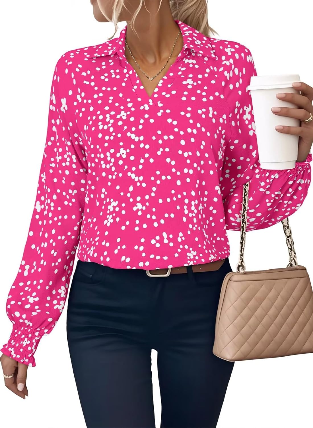 Astylish Women's Trendy Polka Dot Alicia Floral Blouses Long Sleeve Shirts Chiffon V Neck Bohemian Collared Tops