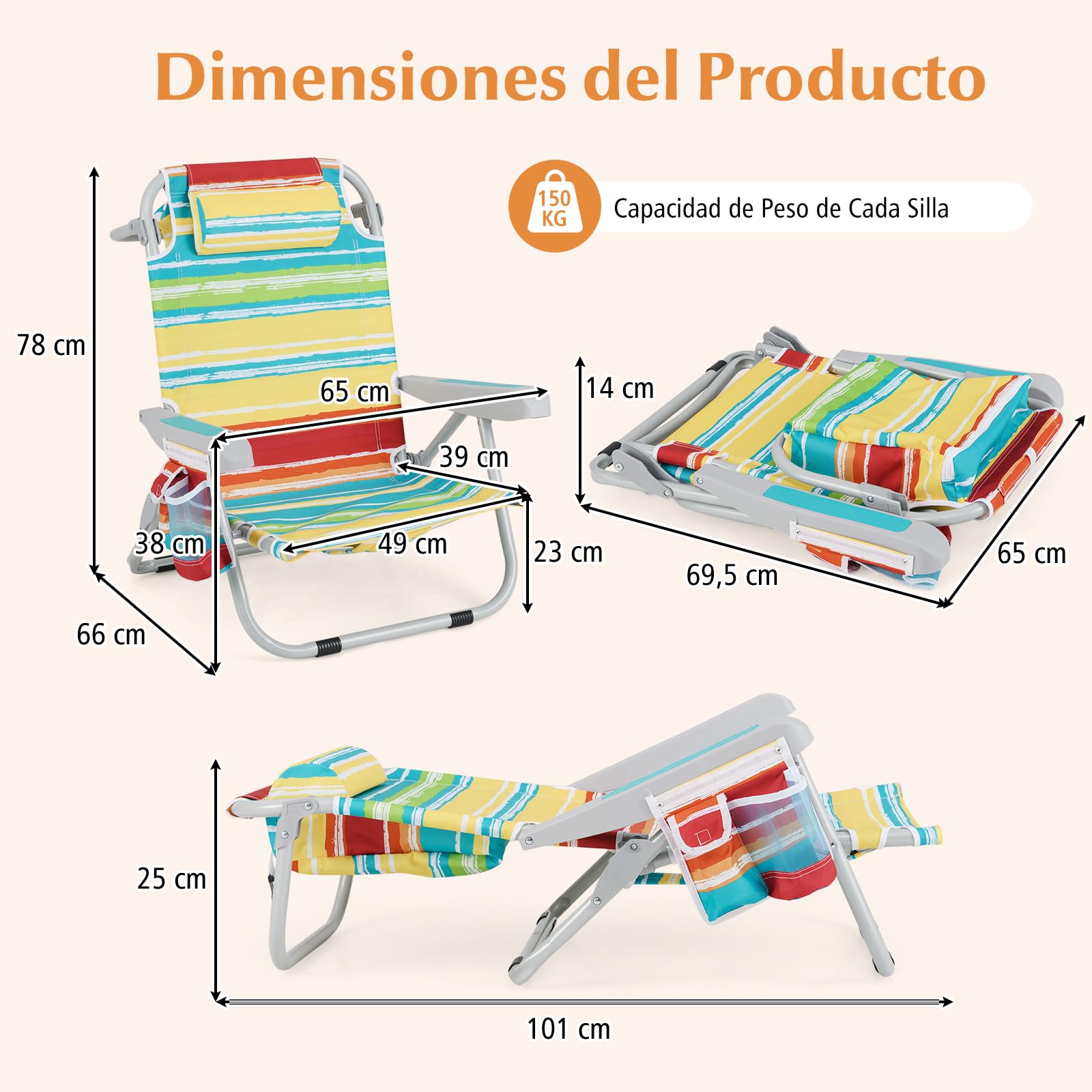 GIANTEX Silla de Playa Plegable con Bolsa de Almacenamiento, Bolsillos Laterales, Reposacabezas y Soporte para Toallas, Respaldo Ajustable 5 Niveles (2, Rayas Coloridas, 65 x 66 x 78 cm)