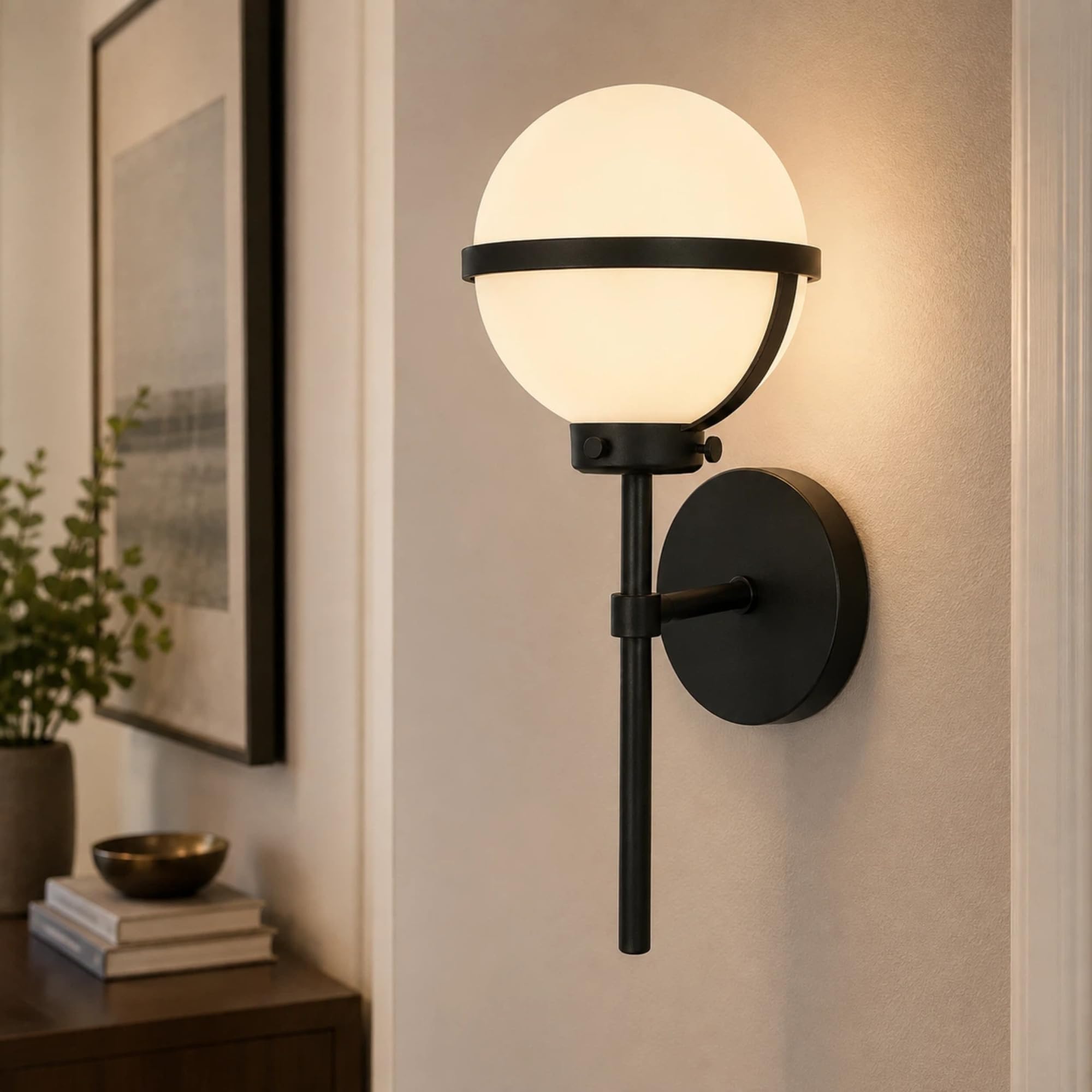 Globe Wall Sconce Indoor, Black Modern Wall Light Fixture | G9 Bulb Compatible, White Milk Glass Globe Shade, Bedroom Living Room Hallway Use, Hardwired