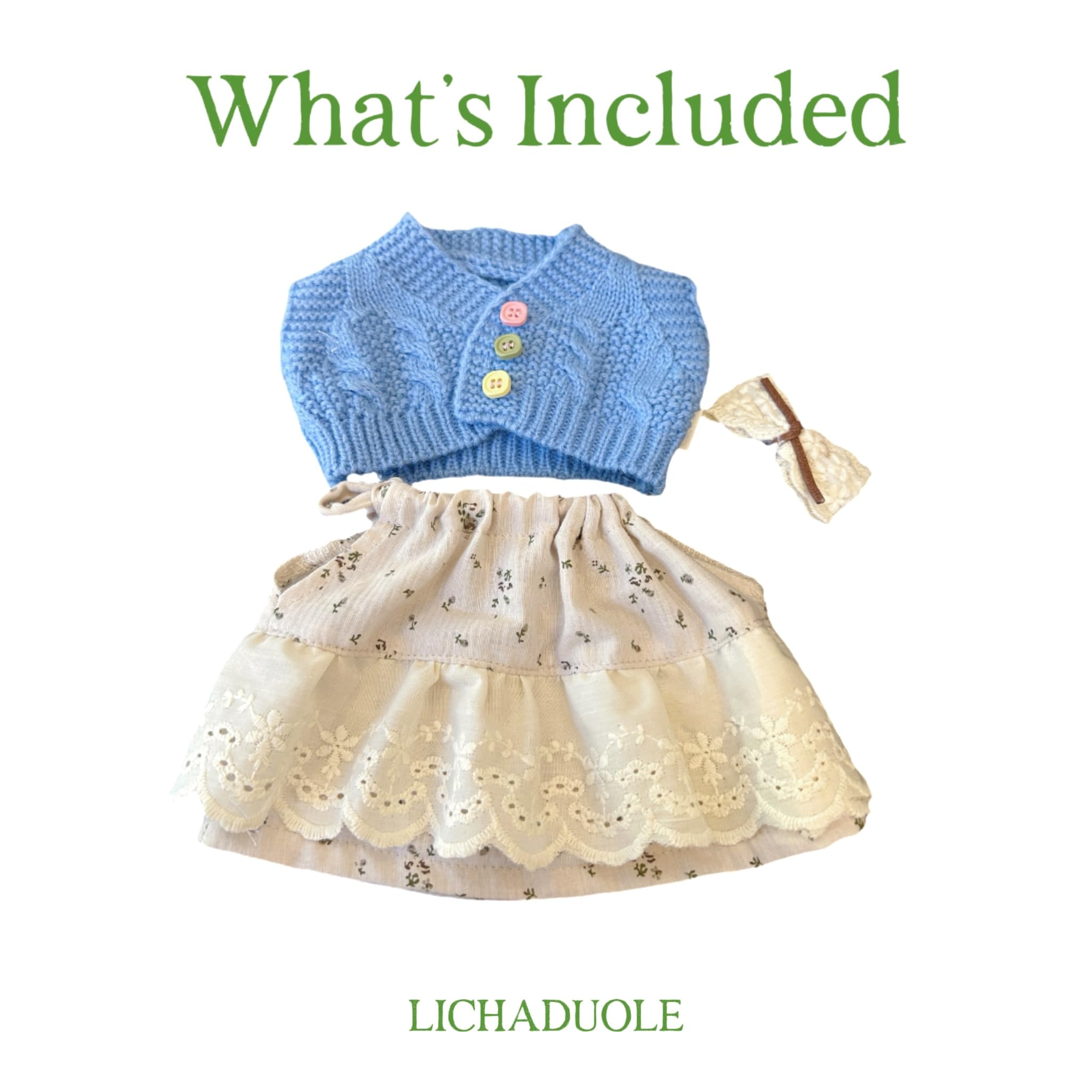Kleidungsset nur für Plüschtiere (30cm Kleidung teddybär) Blaue Strickjacke Blumenkleid Spitzenclip,Passend für 28cm Hoppie Hase mit Schlappohren Honey Teddybär(Teddybär Nicht enthalten)