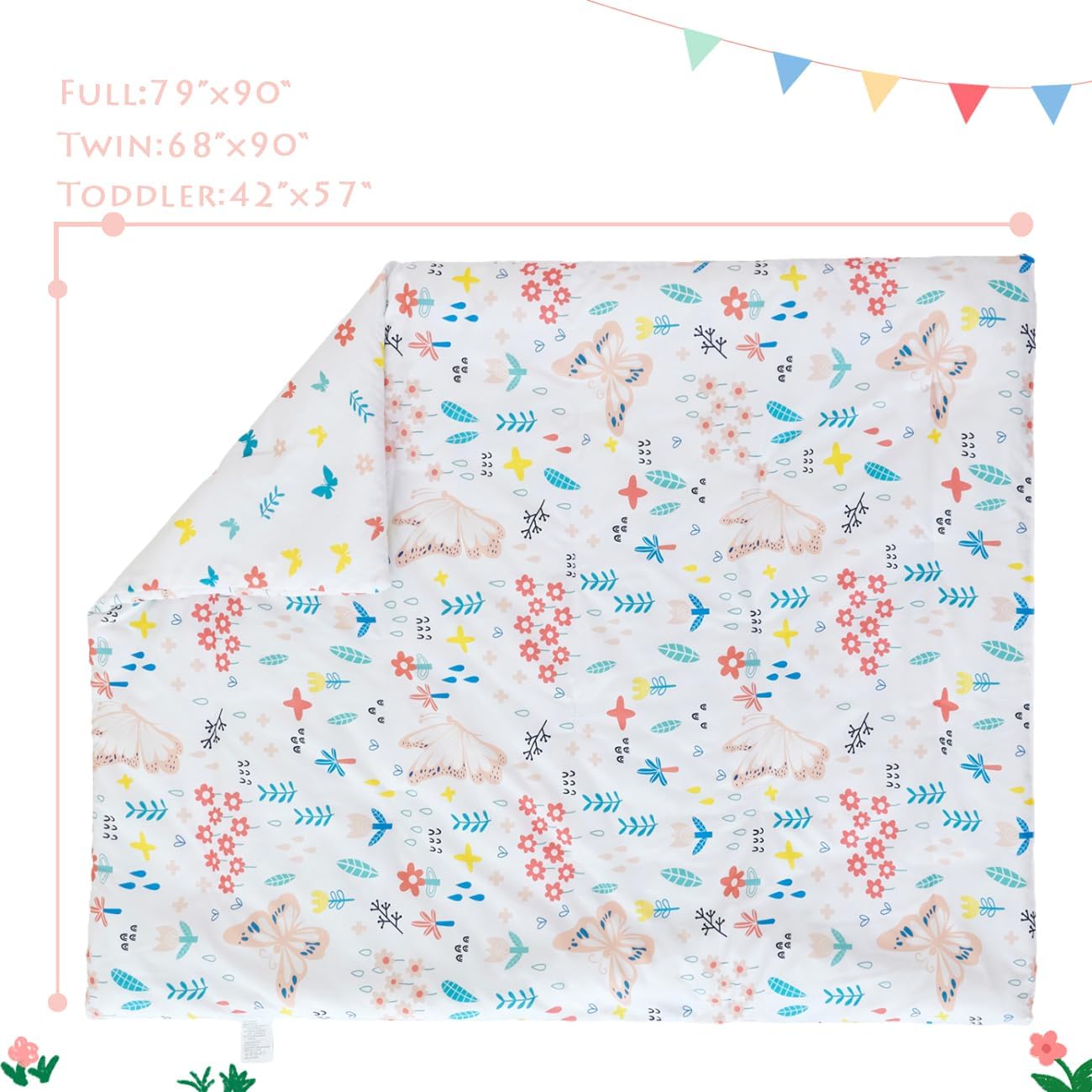 PERFEMET Girls Toddler Bedding Colorful Flower Blossom Comforter Set Butterfly Print Toddler Bedding Sets Ultra Soft Lightweight Bed-in-A-Bag for Toddlers(4 Pieces, White) - Image 7