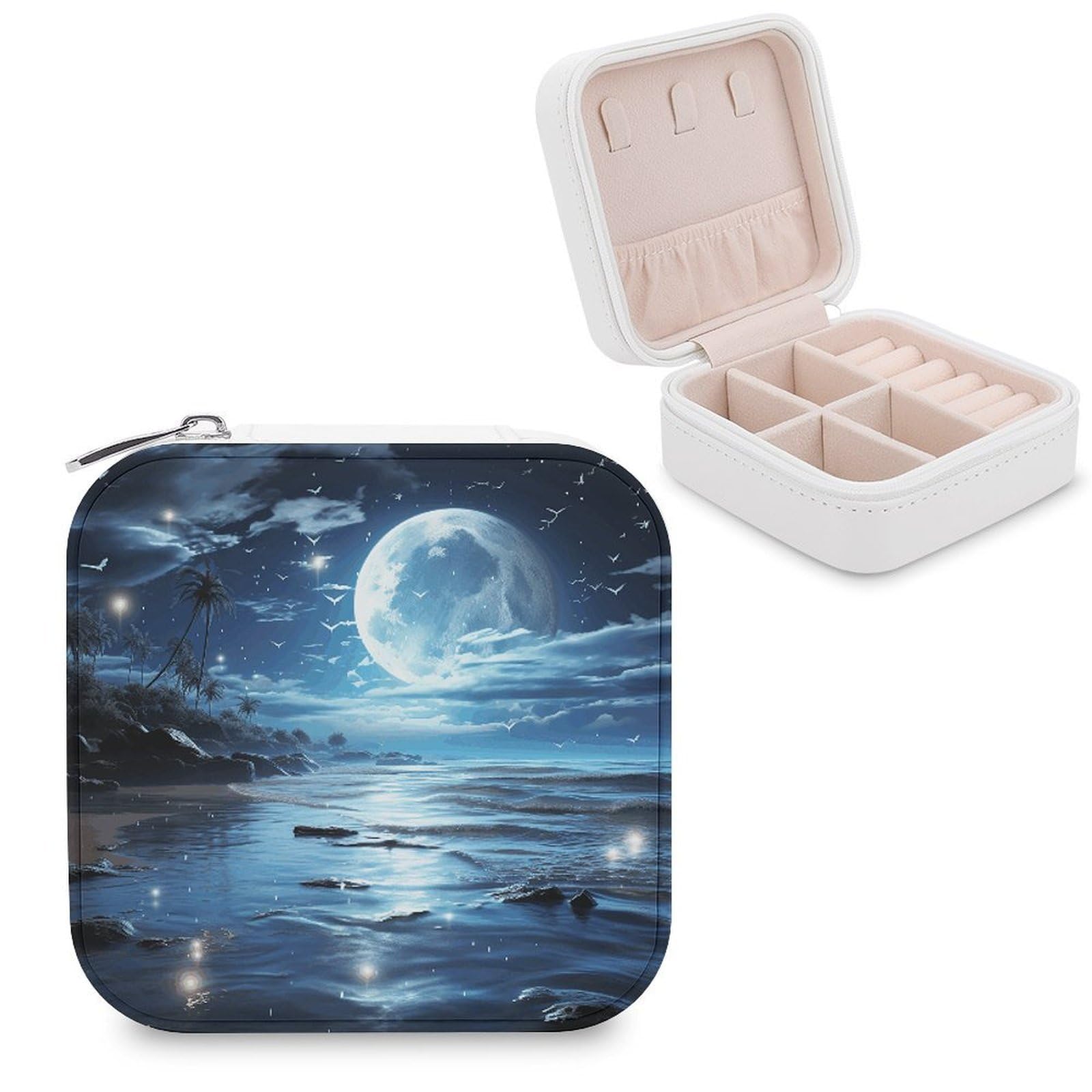 LZQPOEAS Moon Over Ocean Jewelry Box, PU Patterned Storage Case, Portable Travel Jewelry Organizer Box for Storing Rings, Pendants, Earrings, Necklaces, And Women's Specialized