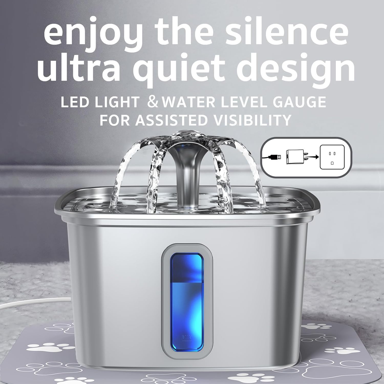 Veken Innovation Award Winner Stainless Steel Cat Water Fountain, 108oz/3.2L Automatic Pet Fountain Dog Water Dispenser with 3 Replacement Filters & Silicone Mat, Gifts for Cats, Dogs (Silver) - Image 4