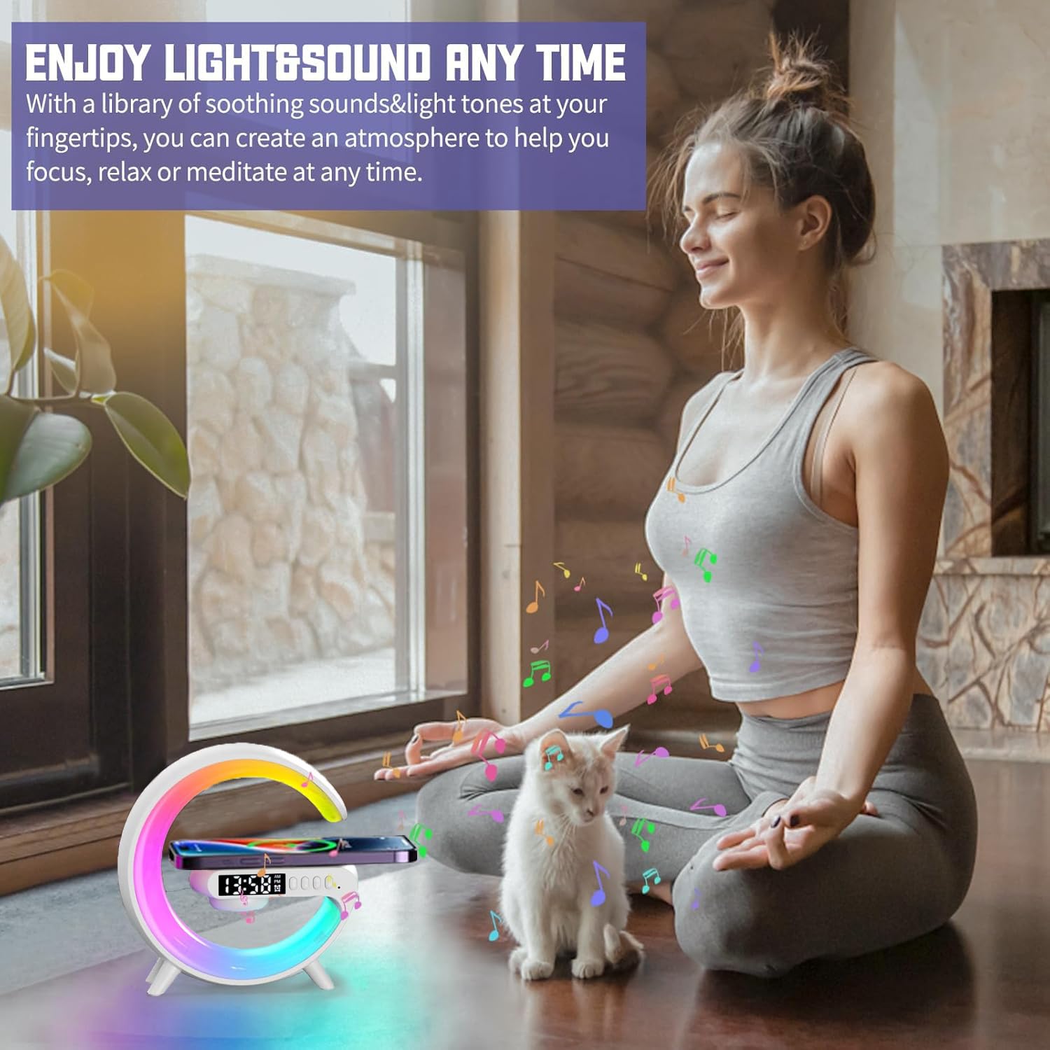 Nouvelle Lampe Chevet avec Chargeur Sans Fil, Haut-Parleur Bluetooth en forme de G avec Réveil, Reveil Simulateur D'aube, Reveil Chargeur Induction, Lampe D'ambiance Via Connexion USB-C (Blanc)