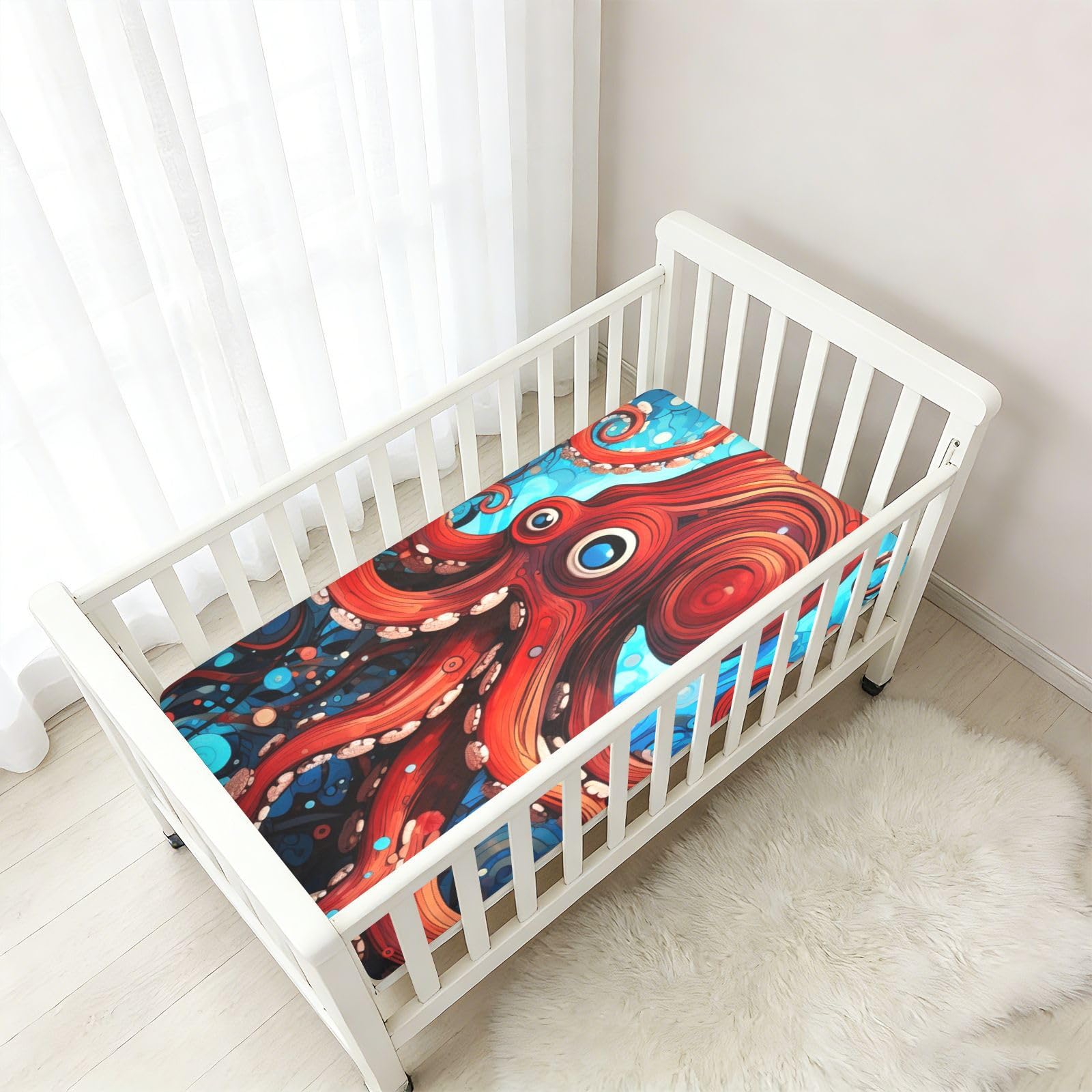 Pulpo Rojo Azul Oscuro Mar Sábana de Cuna para Niños Pequeños,Sábanas de Algodón Suave para Bebés Aptas para Colchón Corralito