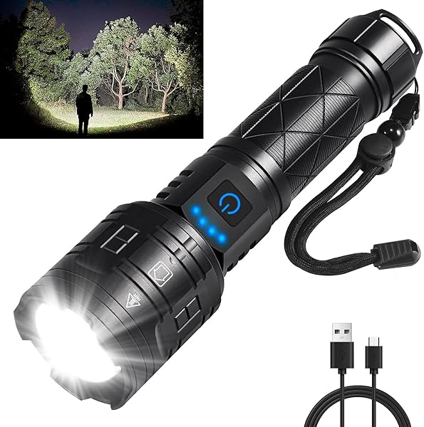 Rechargeable Flashlights High Lumens, Powerful Tactical Flashlights, 5 Modes LED Flashlight Adjustable, Brightest Flashlight Waterproof, Handheld Flash Light for Emergencies, Home, Camping, Hiking