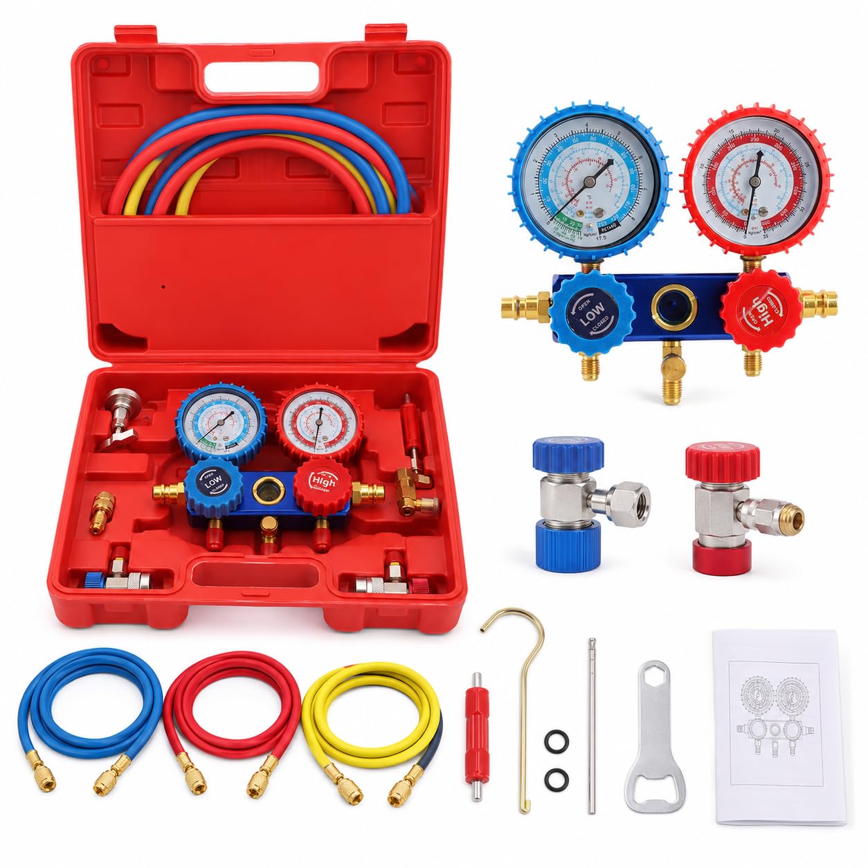 Klima-Monteurhilfe-Set mit 2 Manometern, 1/4-Zoll-Anschluss und 1,5-m-Schläuchen, für R134a, R22 und R410A