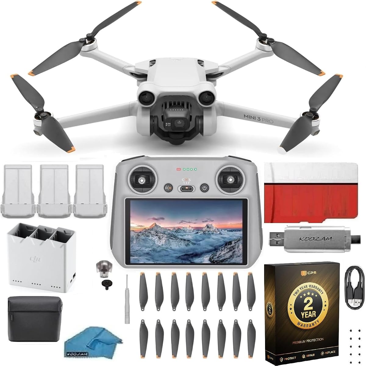 Mini 3 Drone con control remoto DJI RC (pantalla incorporada), cámara 4K, tiempo de vuelo de 38 minutos, paquete combinado Fly More con tarjeta SD de 128 GB, lector USB 3.0 y garantía de 2 años