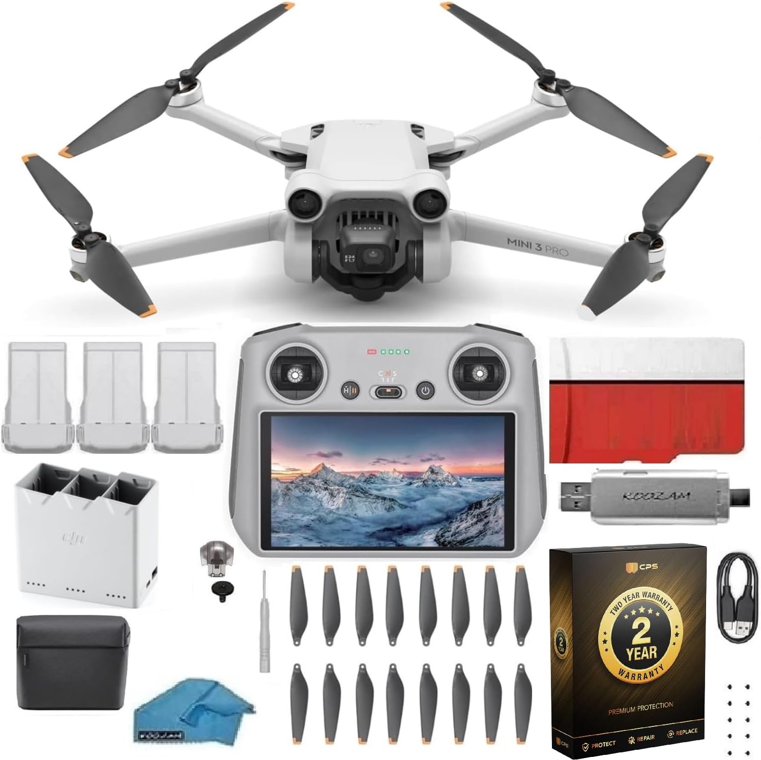 Mini 3 Drone with DJI RC Remote (Built-In Screen), 4K Camera, 38-Min Flight Time, Fly More Combo Bundle with 128GB SD Card, USB 3.0 Reader & 2-Year Warranty