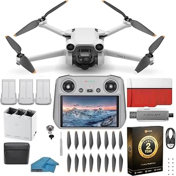 DJI Mini 3 Drone with DJI RC Remote Built-In Screen, 4K Camera, 38-Min Flight Time, Fly More Combo Bundle with 128GB SD Card, USB 3.0 Reader &