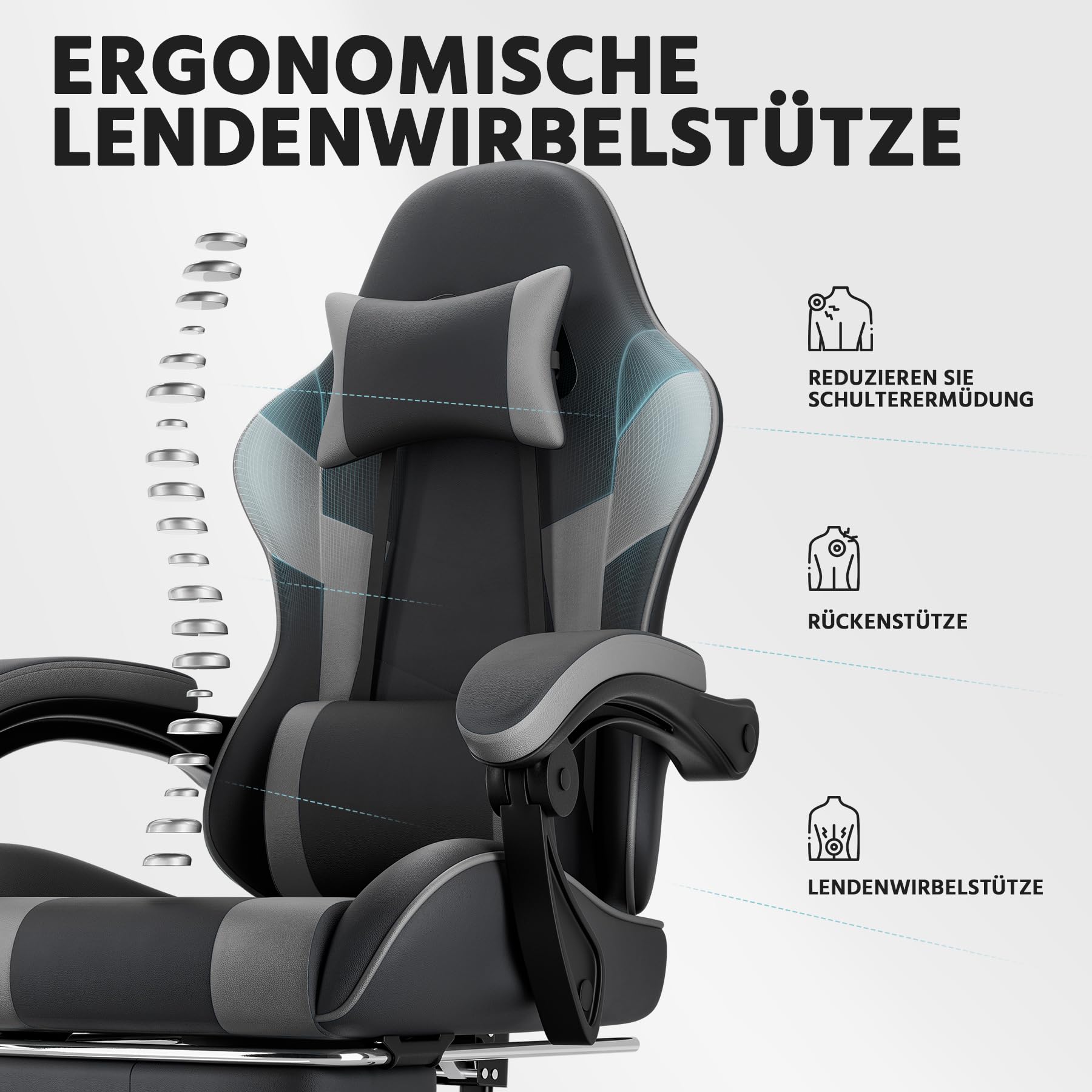 Chaise de gaming ergonomique avec repose-pieds, accoudoirs réglables, chaise de bureau, ergonomique, avec support lombaire - Noir/gris (gris)