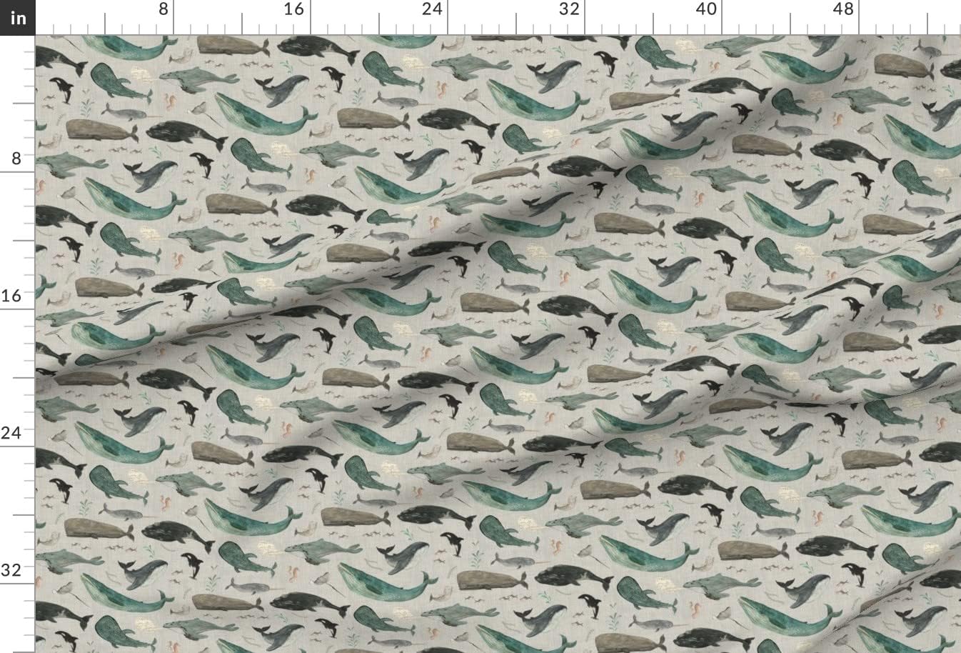 Spoonflower Fabric - Sage Green Whale Watercolor Nautical Coastal Sea Life Ocean Animals Printed on Upholstery Velvet Fabric Fat Quarter - Upholstery Home Decor Bottomweight Apparel