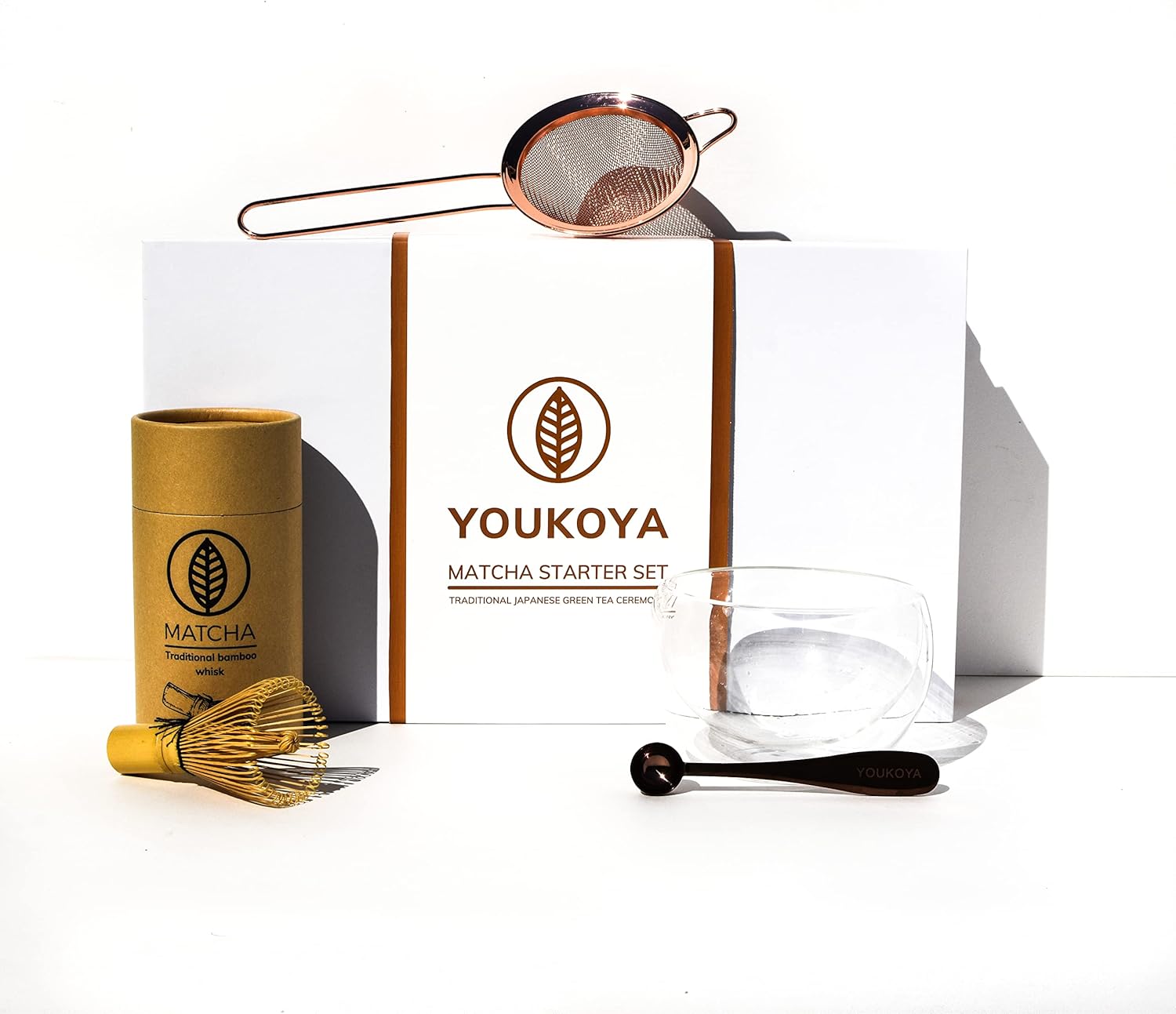 Matcha Traditional Starter Set, 4 Pieces, Double-Walled Glass Bowl, Rose Gold Sifter, Bamboo Whisk Chasen, 1g Measuring Spoon for Preparing Matcha