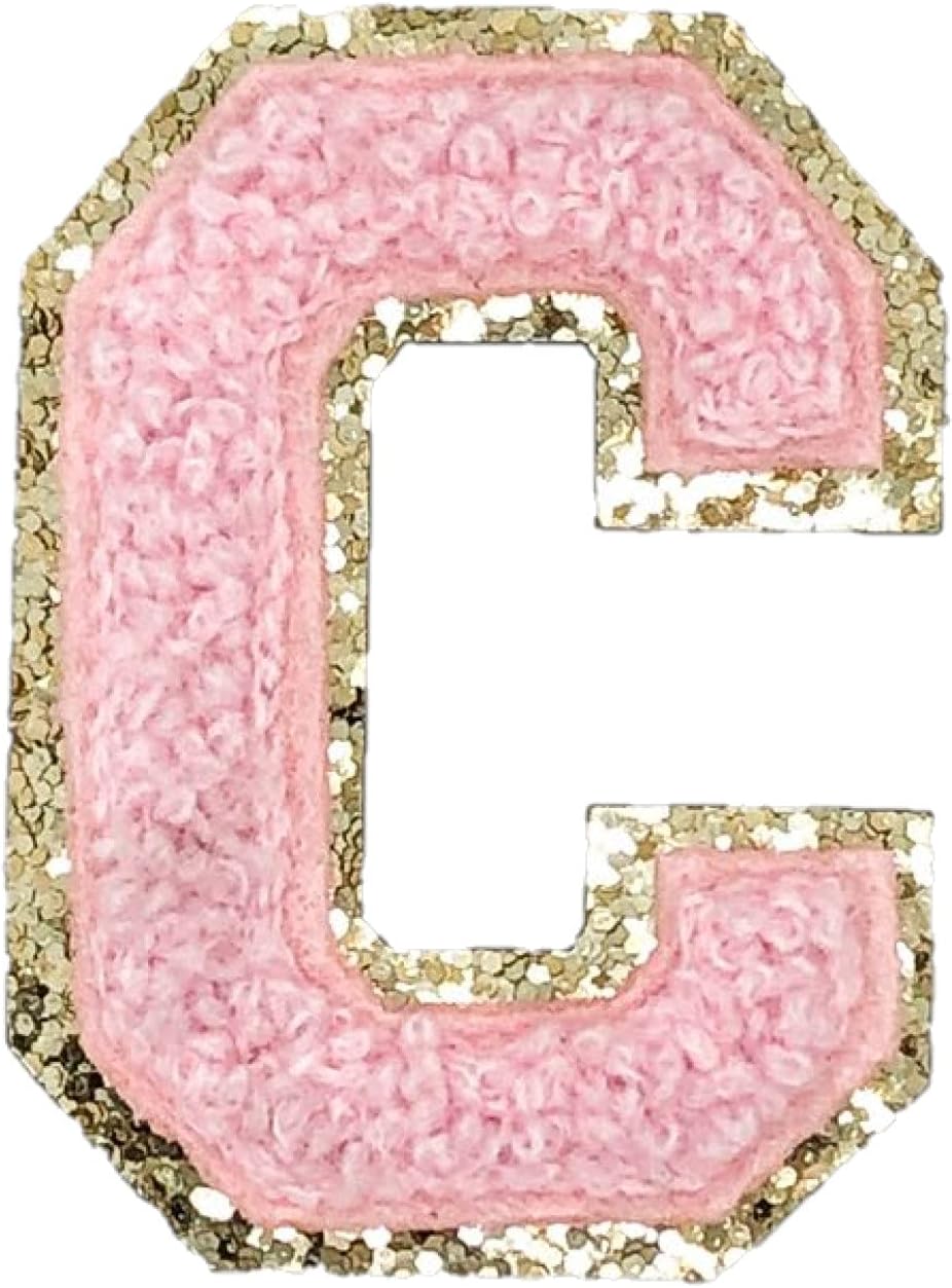 Gold Glitters & Pink Chenille Varsity Initial Patches, 3M Adhesive Sticker Iron On, 2.25" Height (A)