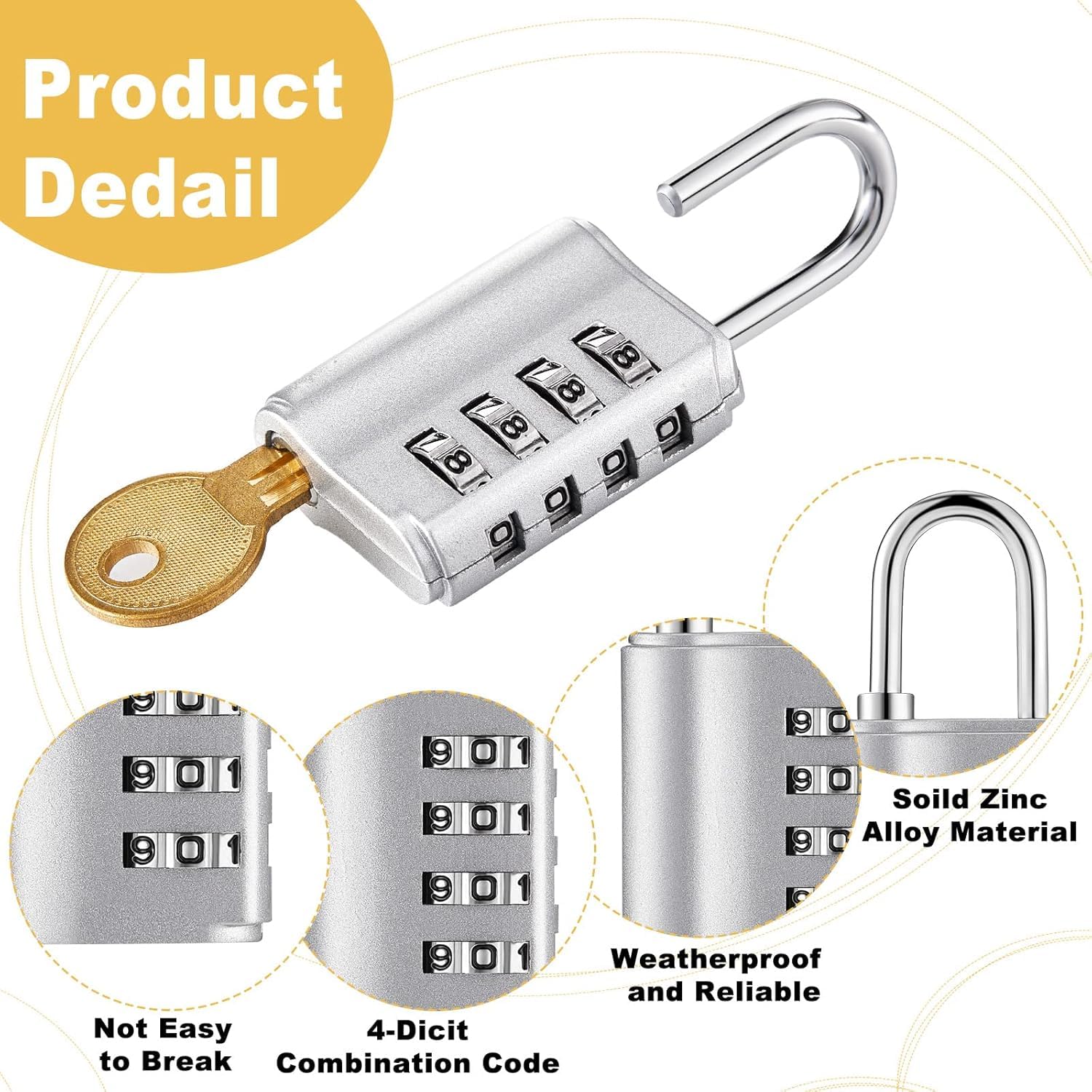 Jukusa 4-Digit Combination Padlock with Backup Key(1) | Heavy Duty Black Metal Security Lock | Resettable Code for Gym Locker, School, Travel, Gate & Storage Use (Black) 4