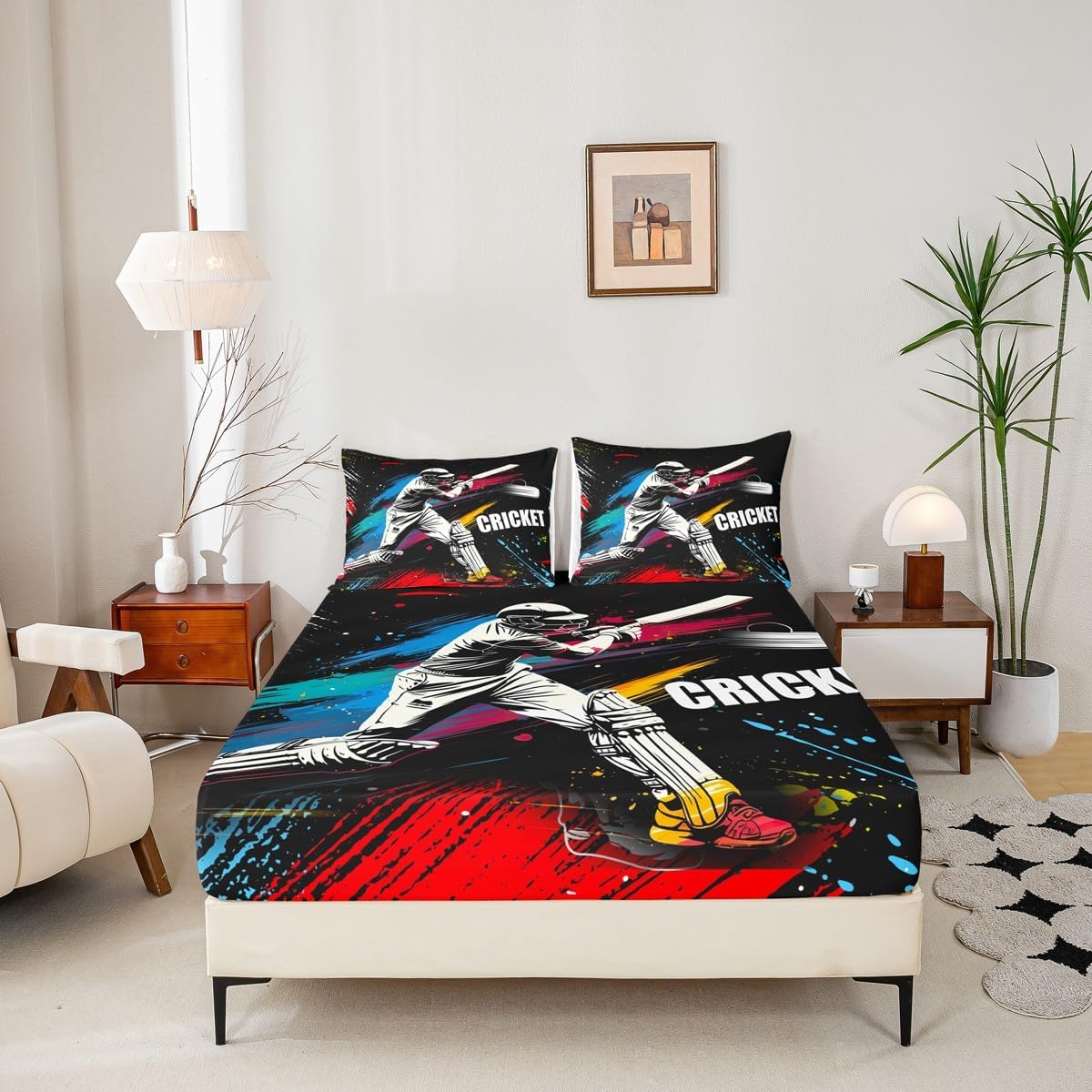 Cricket Player Fitted Sheet for Girls Boys Children Sports Theme Bedding Set Decorative Cricket Ball Game Bed Sheet Set Tie Dye Watercolor Bed Cover 2Pcs Twin Size