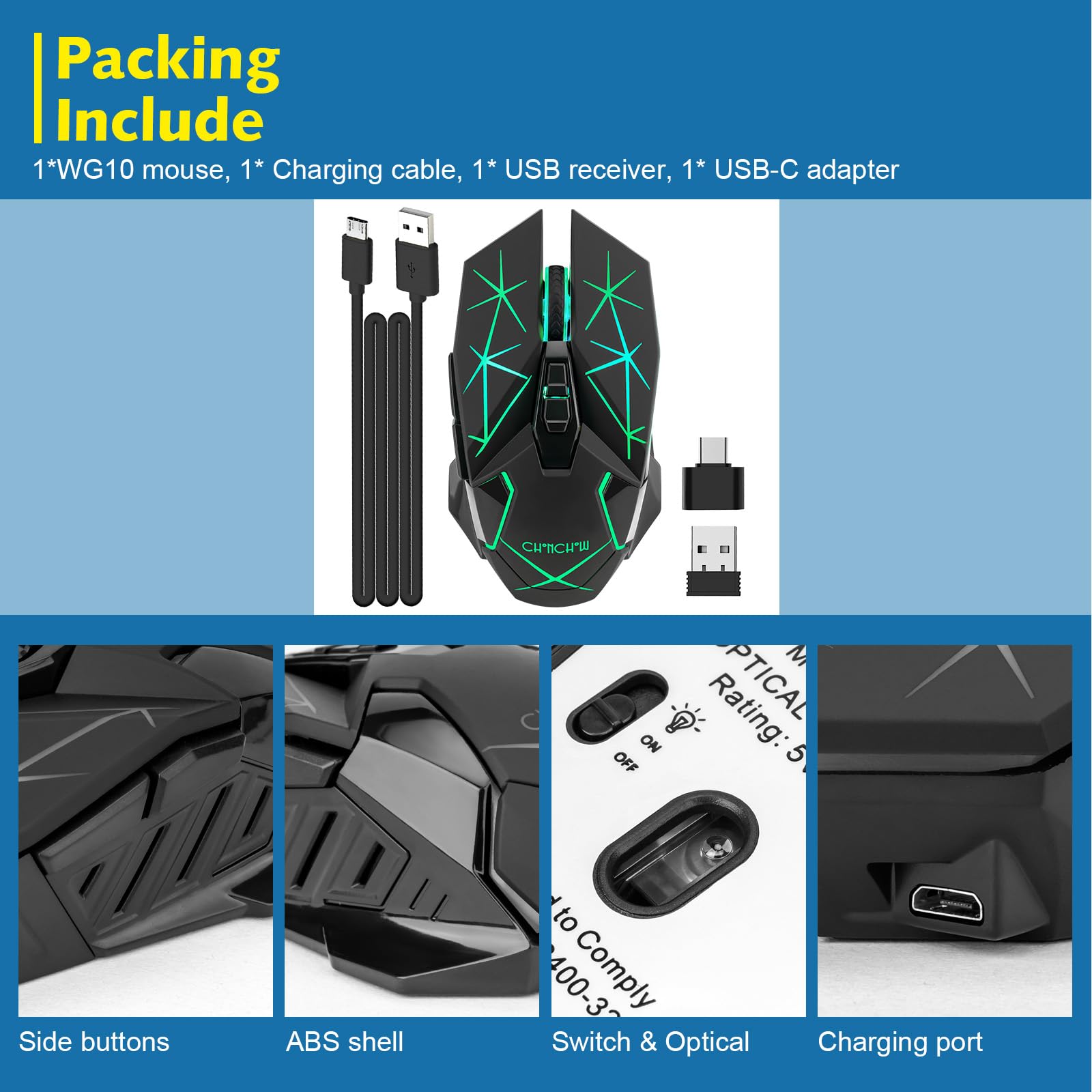 CHONCHOW Ratón inalámbrico para juegos para laptop con botones laterales para PS4/PS5/Xbox One, mouse de PC recargable con receptor USB 2.4G, 3.200 DPI/7 botones/retroiluminación RGB, mouse ergonómico