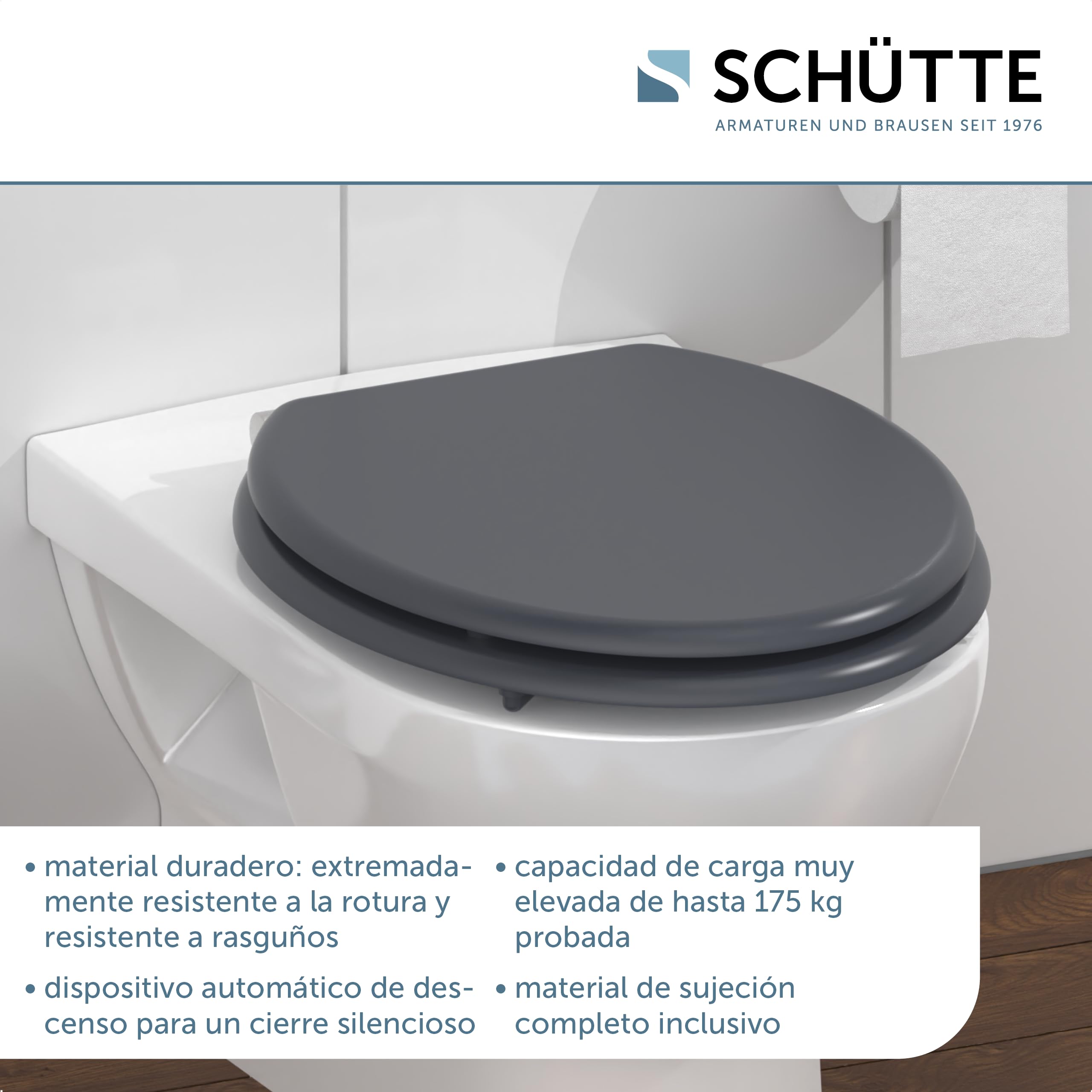 SCHÜTTE SPIRIT - Asiento de inodoro con tapa de inodoro con descenso automático, de madera, con núcleo de madera, con diseño (carga máxima de 150 kg), color antracita