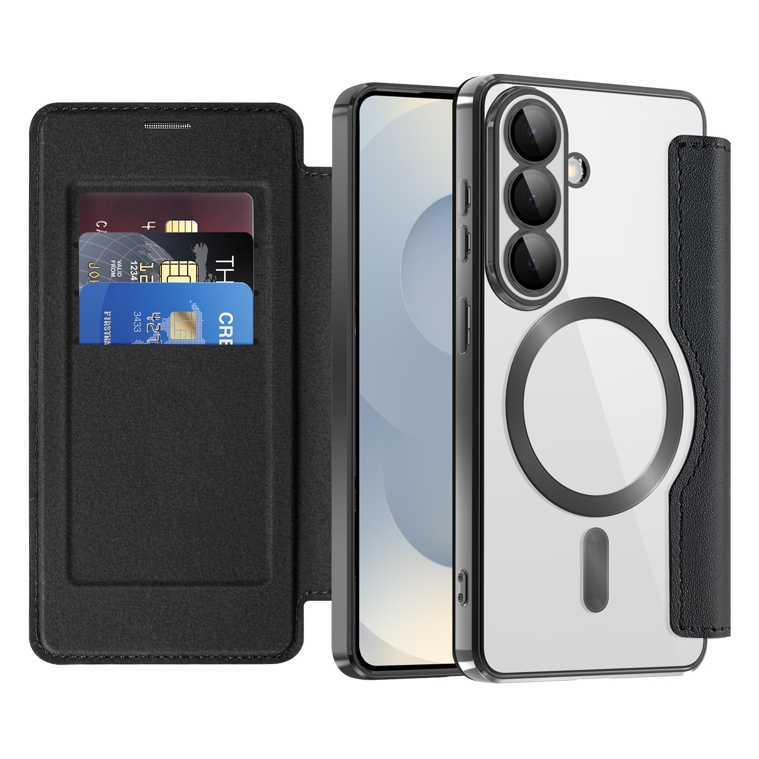 IMEIKONST Wallet Case for Samsung Galaxy S26 5G with Card Holder [RFID Blocking], Magnetic Transparent TPU Back Lens Film Anti-Scratch Shockproof Leather Cover for Samsung S26. Black JDCX