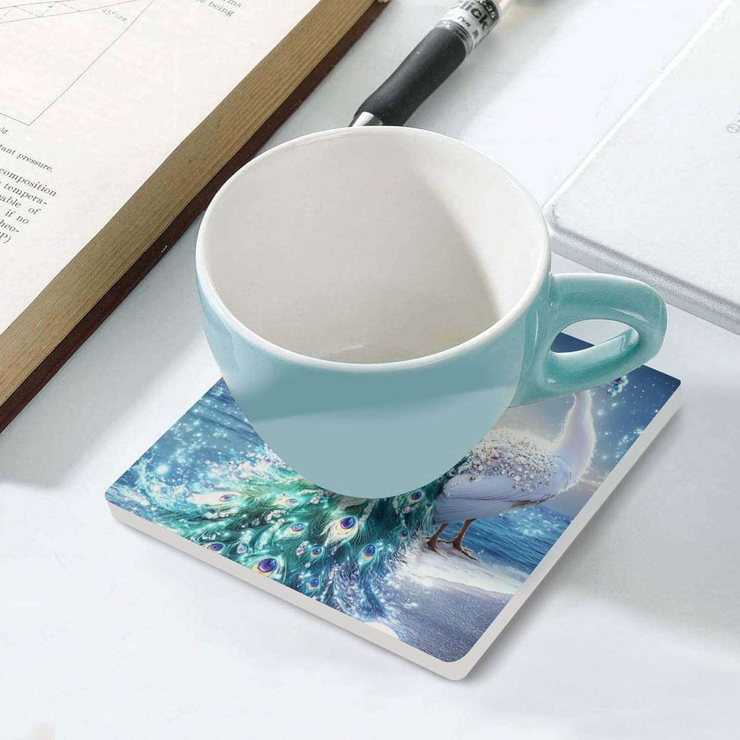 White Peacock Beach Funny Ceramic Coasters for Drink Absorbent Cup Holders Tabletop Protection