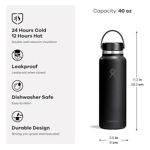 Hydro Flask Water Bottle - Insulated Stainless Steel - Wide Mouth Flex Lid, Non Spill, Leakproof and Refillable in 40 Oz Tonal Black 3