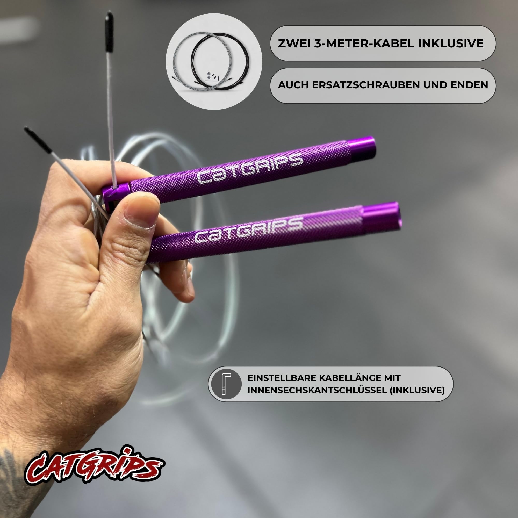CATGRIPS Springseil Crossfit – Speed Rope aus Aluminium – Einstellbares Stahl Springseil mit Kugellager – Leichtes Seilspringen Profi für Gym und Boxen, Seilspringen mit Tasche & Ersatzteilen