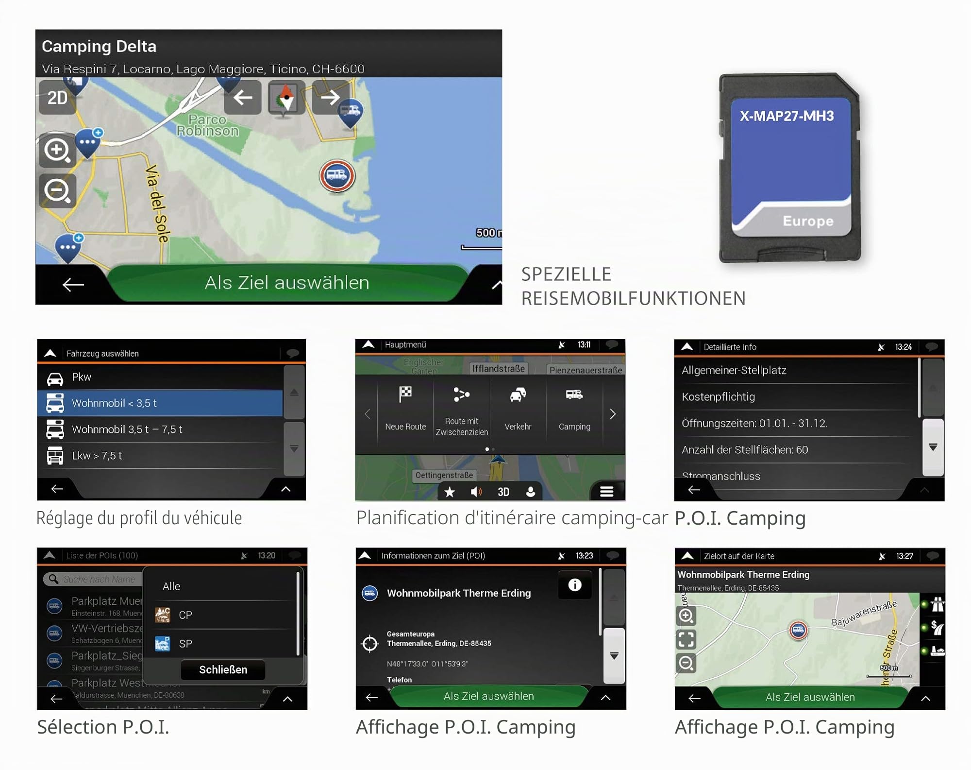 X-MAP27-MH3 : Carte Micro SD avec Navigation de Voyage pour XZENT X-427 et X-F270, Cartes d'europe, Camping P.O.I. Colis de 3 Ans de mises à Jour de Cartes gratuites
