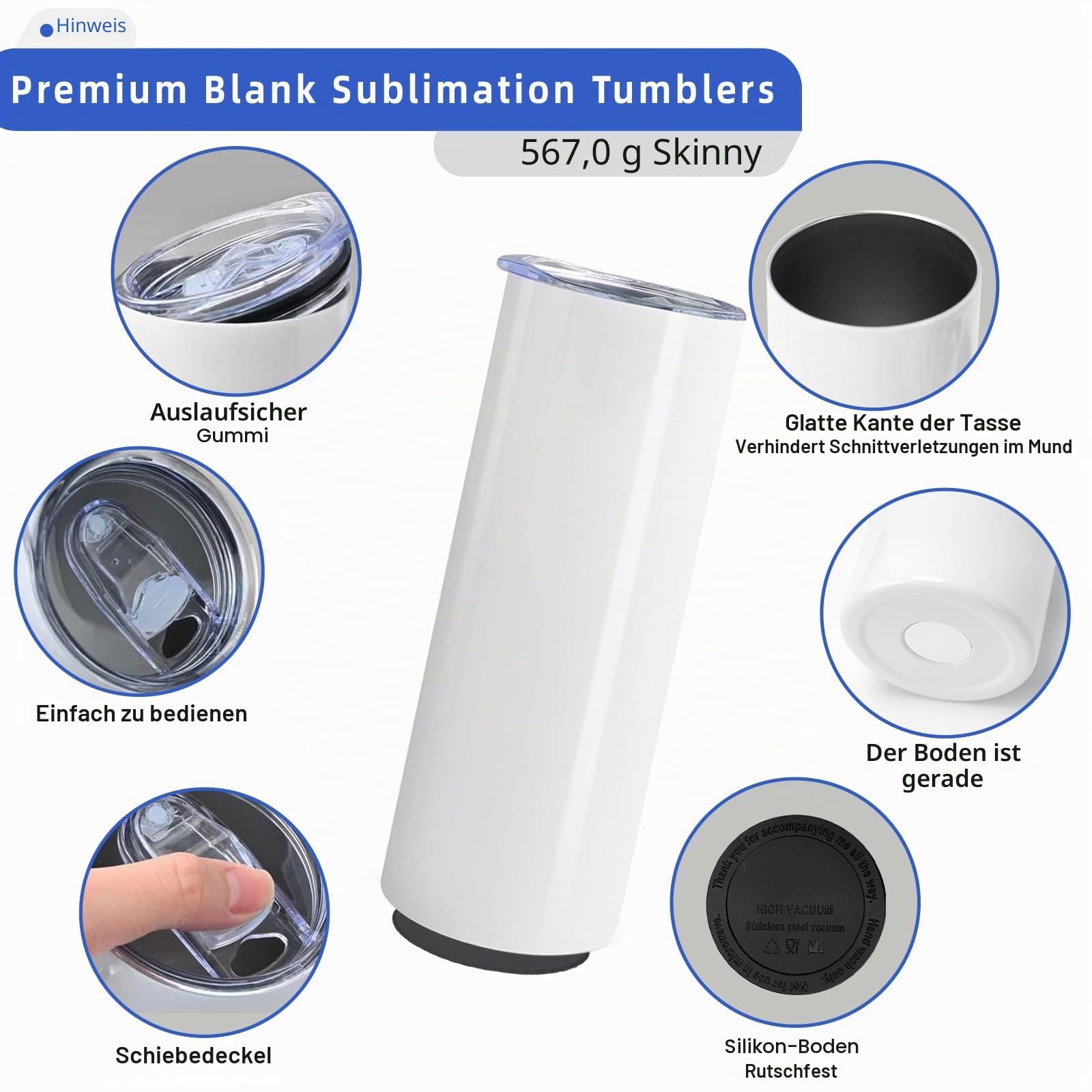 Set von 24 Sublimation Blanks Skinny Tumbler 20 OZ White Straight Bulk Edelstahl Tumbler, mit Deckel und Stroh, Schrumpffolie, einzeln verpackt, Blank White