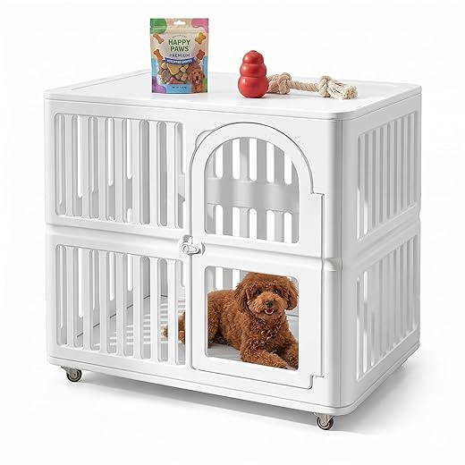 Acrylic Dog Crate Indoor with Wheels 34x 23x 30,Cute Plastic Easy Cleaning Pet Play Pen for Puppy Small Medium Dogs Playpen,White Houses Kennel
