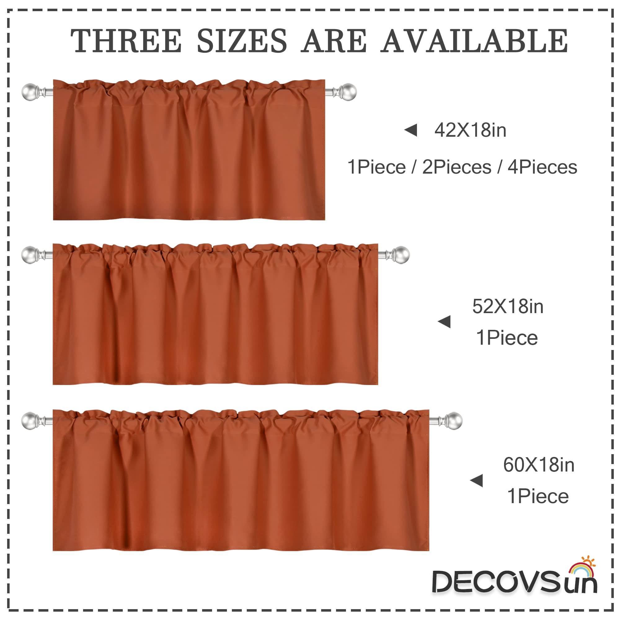 DECOVSUN Cantonnière Orange brûlé - pour fenêtres de 152 x 45 cm - Solide et occultant - avec Passe-Tringle - pour Salle de Bain, Salon, Terre Cuite