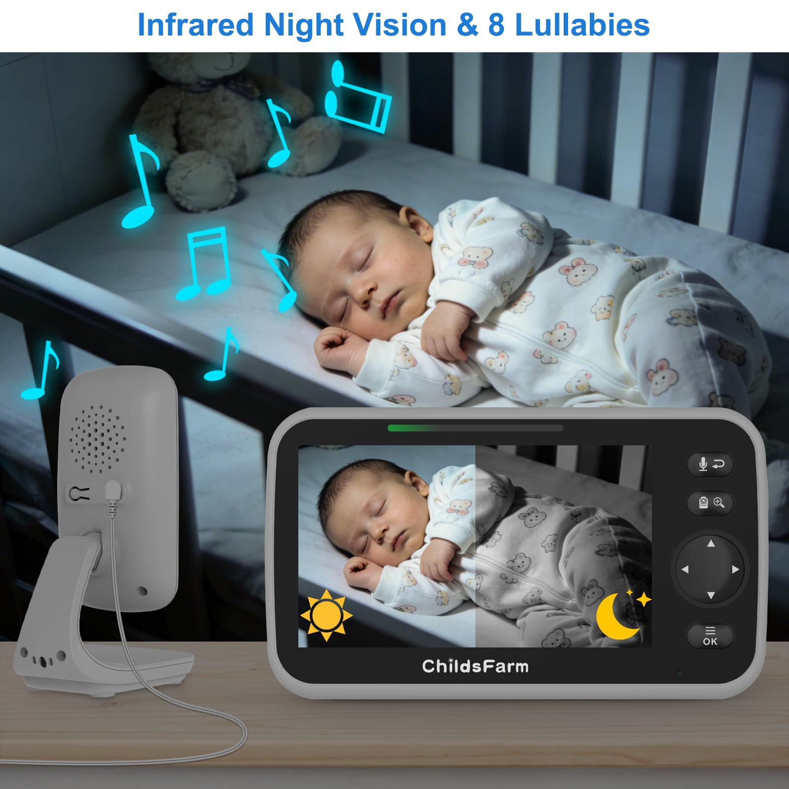 Monitor de bebé de 5 pulgadas, sin WiFi, con cámara y audio, visión nocturna, VOX, conversación bidireccional, 8 canciones de cuna, sensor de temperatura, alcance de 1000 pies, monitor portátil de