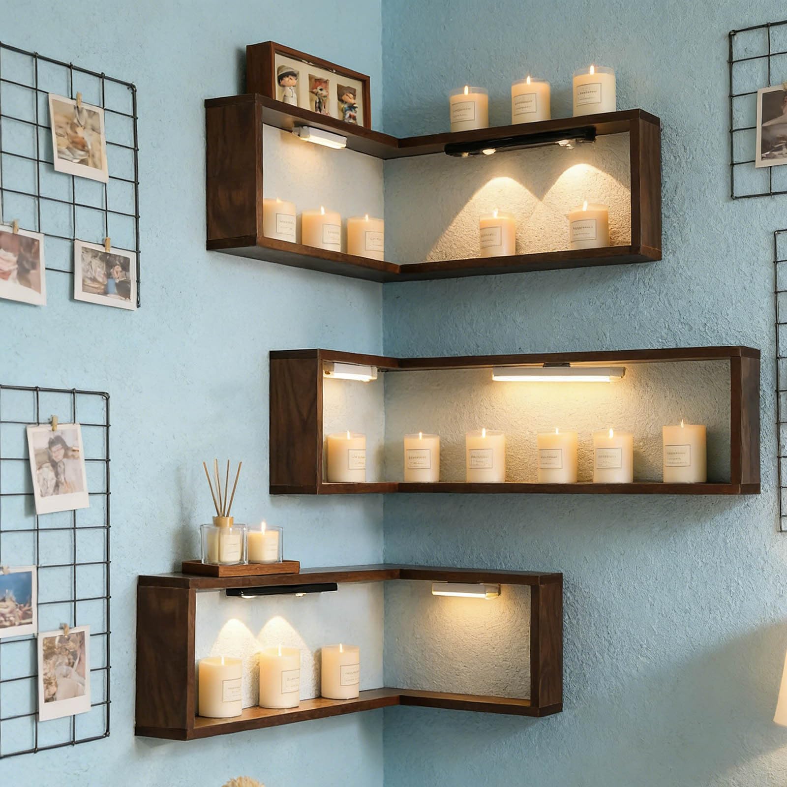 Étagères d'angle intelligentes qui illuminent votre espace - Étagères de rangement flottantes - Étagère d'angle murale en bois - Gain de place - Kaki x 2