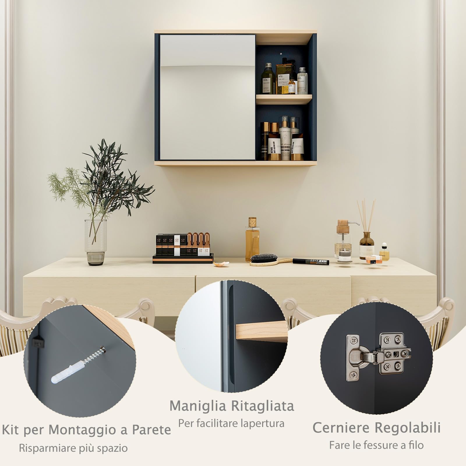 RELAX4LIFE Mobile Bagno con Specchio, Specchiera Salvaspazio con Vano Contenitore, 3 Ripiani Regolabili e 2 Scomparti Aperti, Armadietto Bagno da Parete, 60 x 20 x 50 cm