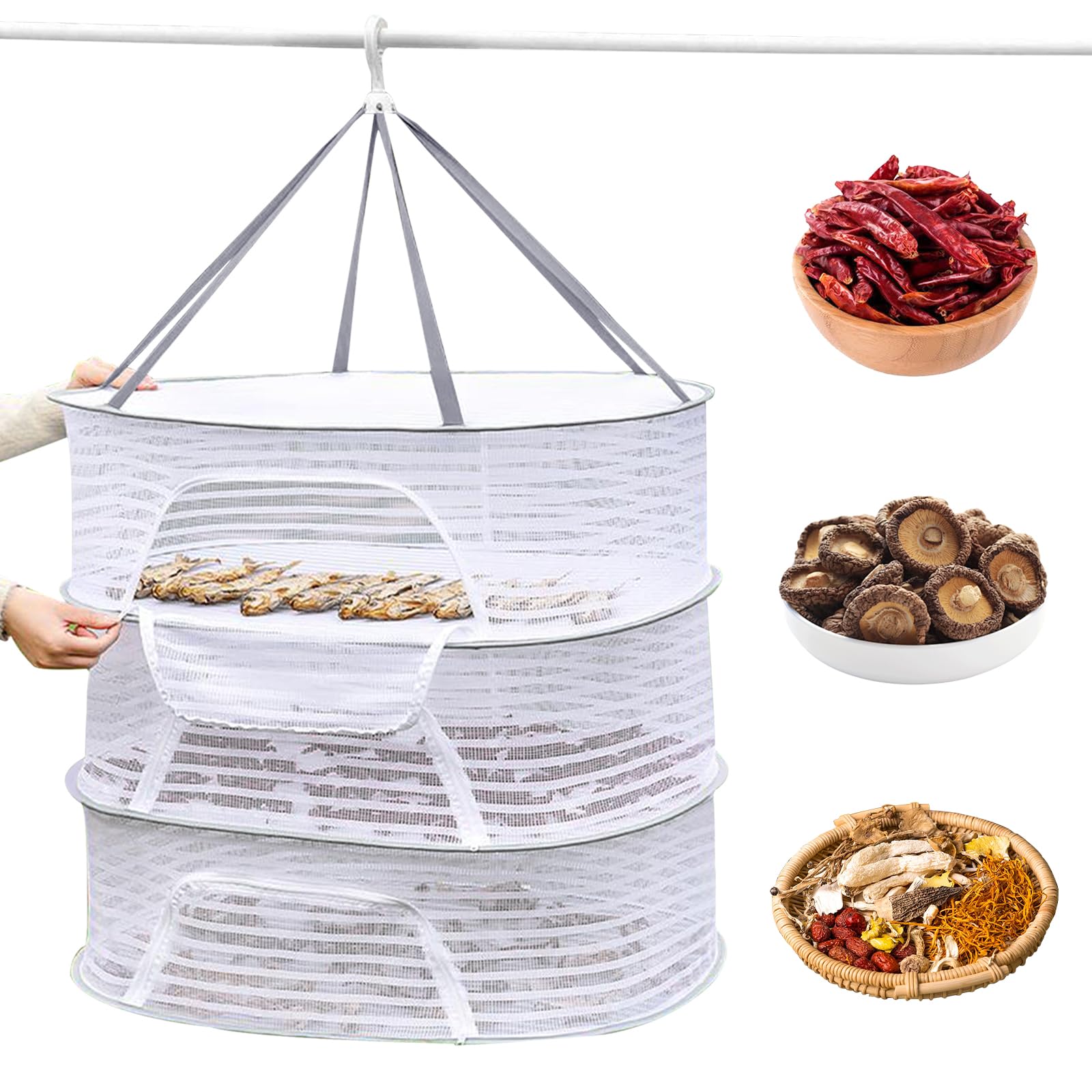 Essiccatore A Rete Per Erbe, Frutta E Verdura - 4 Ripiani, 35x35x66 Cm, Pieghevole E Con Zip