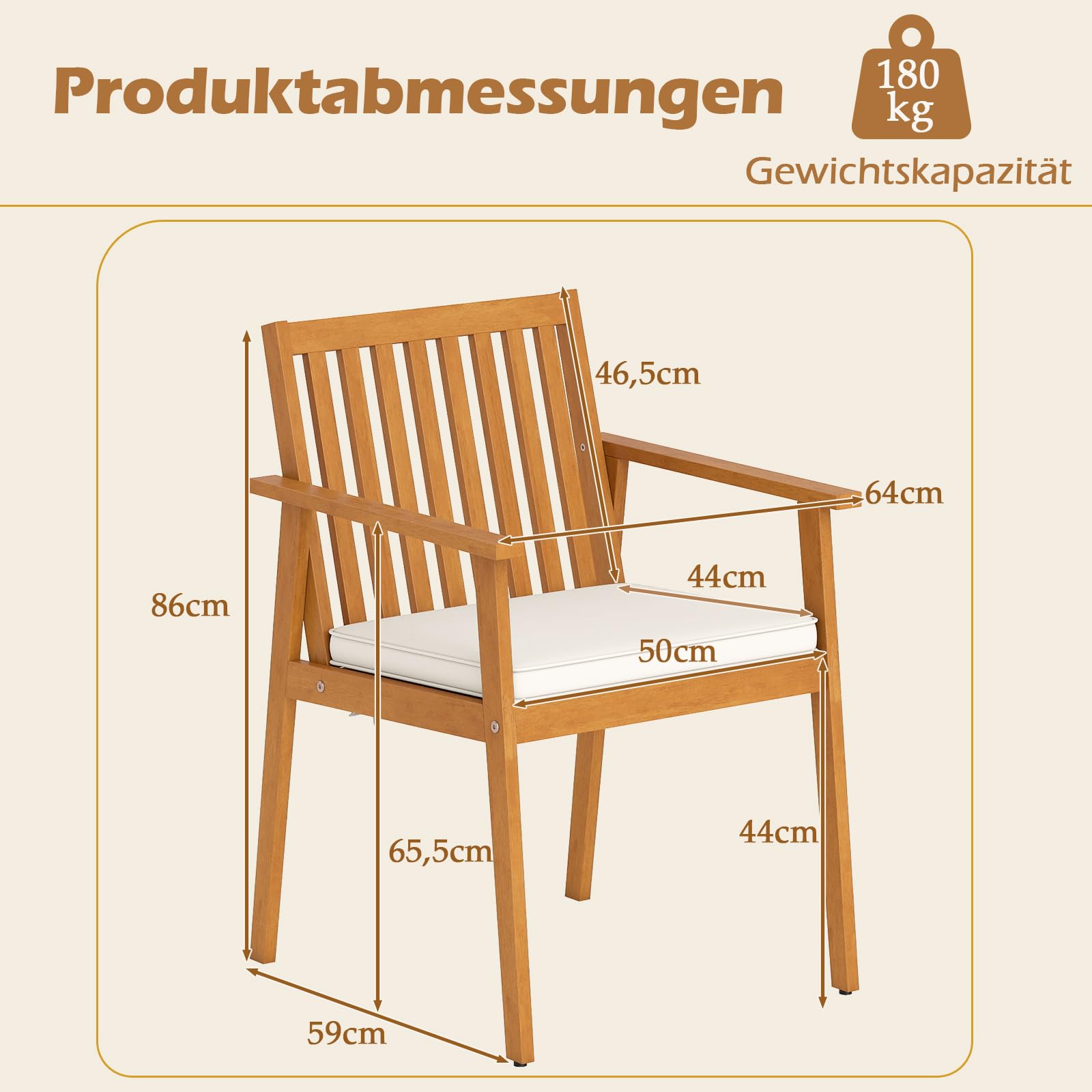 COSTWAY Gartenstühle Akazienholz 2er Set, Holzstühle mit Kissen und Armlehnen, Balkonstühle, 180 kg Tragfähigkeit, für Balkon, Garten, Terrasse (Natur)