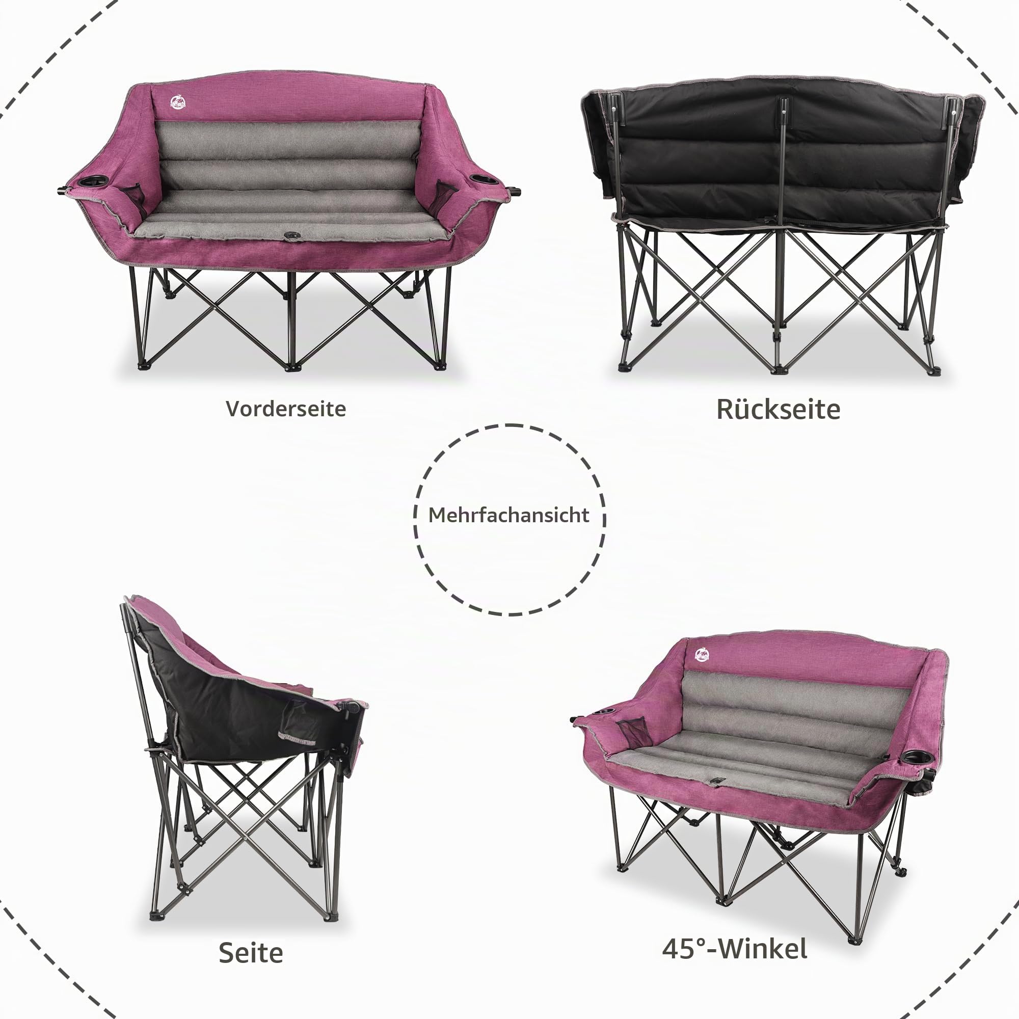Northroad Folding Loveseat Camping Stuhl Portable Double Duo voll gepolstert Garten Stuhl für 2 Personen Sofa w/Becherhalter, Weinglas Halter, Mesh Storage, Support 600lbs für Picknick Strand Reisen