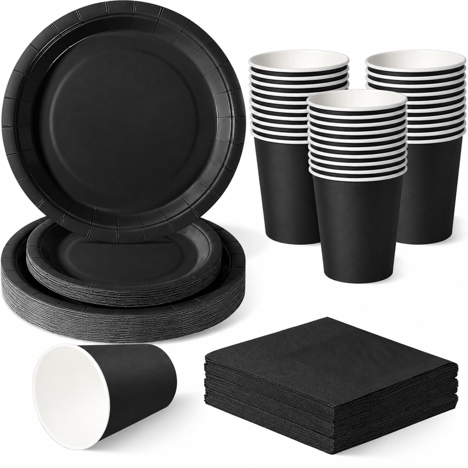 ZblPyro Black Party Tableware Set for 30 Guests | A Set of 120 Pieces Includes 9-inch & 7-inch Round Paper Plates, Cups & Napkins | Men's Birthday,Night Event & Grill Party