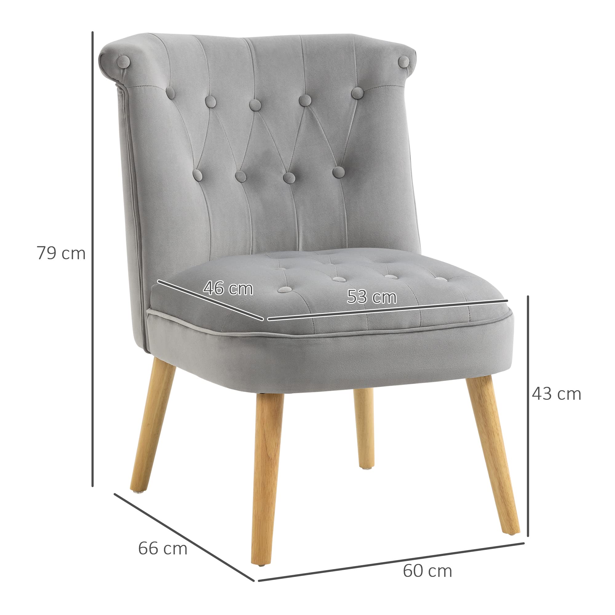 HOMCOM Poltrona per Soggiorno e Sala da Pranzo con Seduta Imbottita, Poltroncina da Camera con Gambe in Legno e Tessuto Effetto Velluto, 60x66x79 cm, Grigio