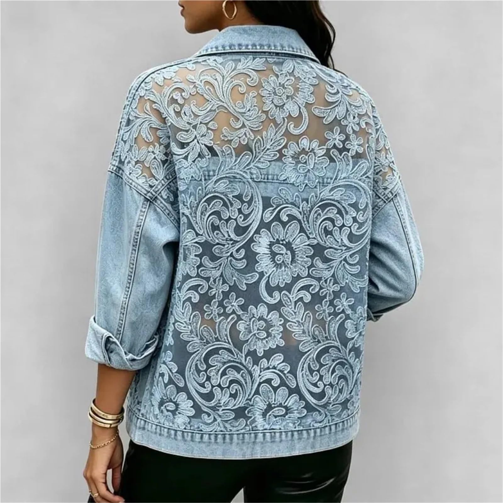 Giacca di Jeans Donna Capispalla corto con giacca a maniche lunghe in denim patchwork ricamato in pizzo floreale trasparente Per uscire