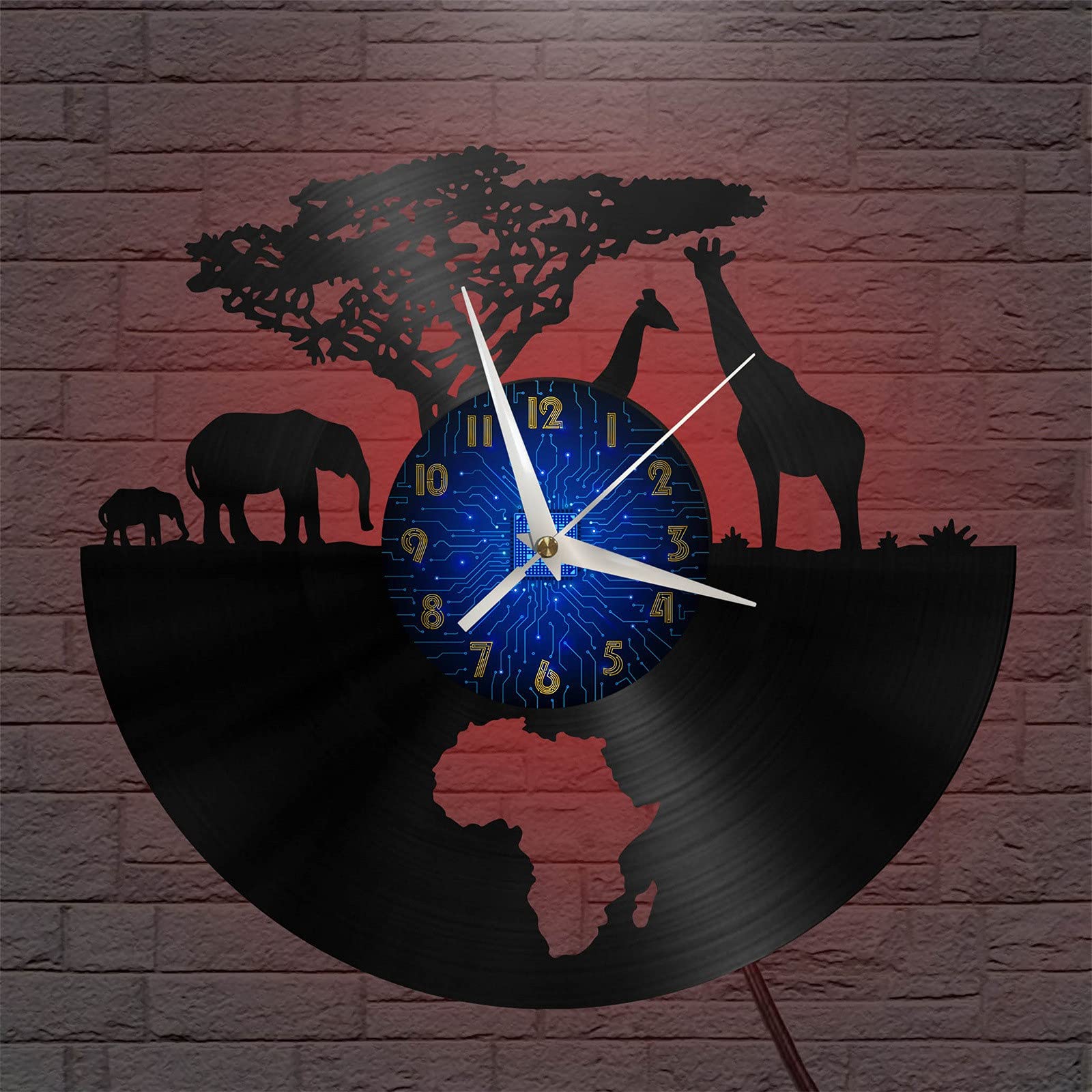 VCS African Wilderness Elephant and Giraffe theme Vinyl Record vintage Wall Clock for Kitchen(B,with LED)