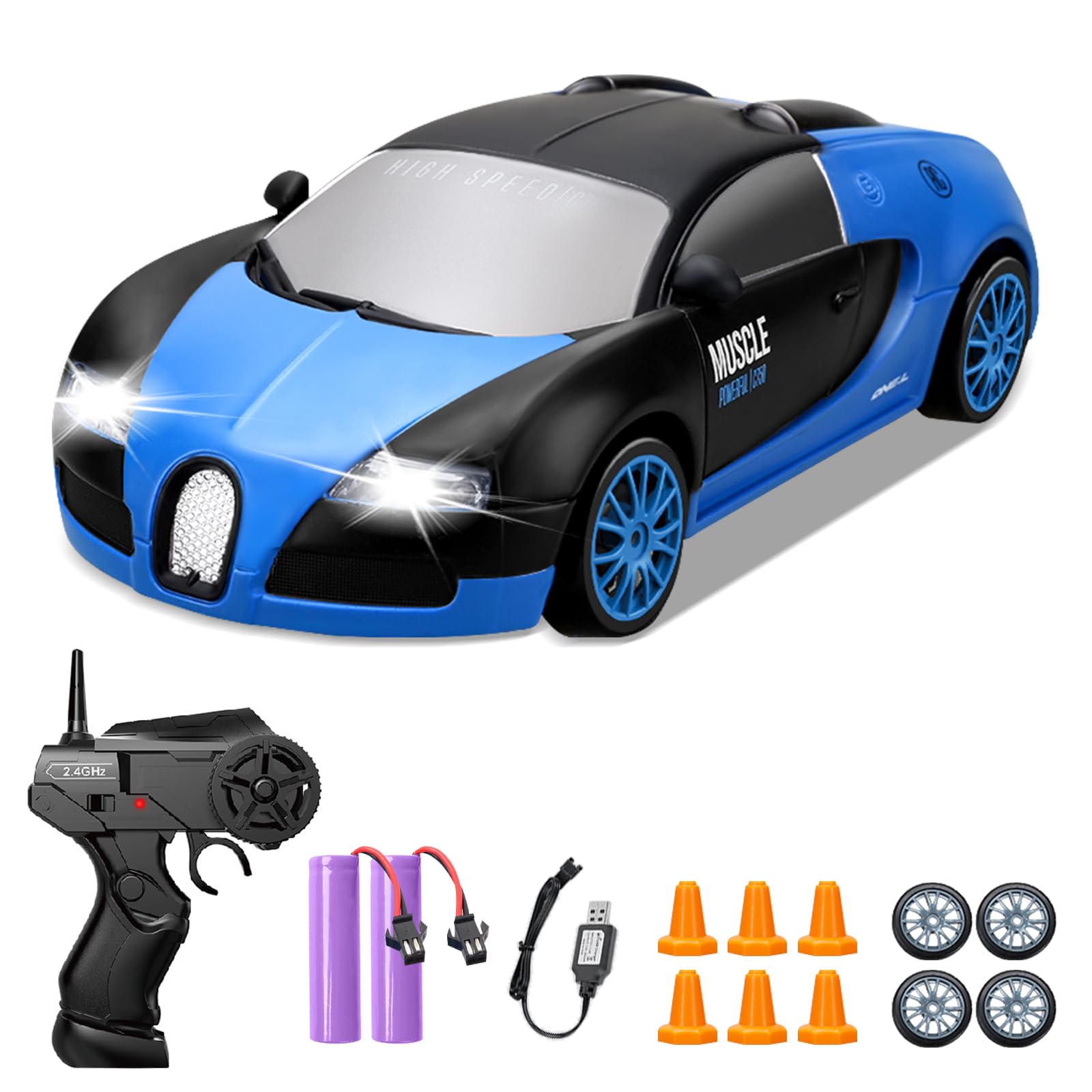 YUAN PLAN RC Drift Car, 1:24 Remote Control Blue High Speed Race Drifting Cars, 2.4GHz 4WD Electric Sport Racing Hobby Toy Car with Headlight and Double Batteries for Boys and Girls Adults Gift