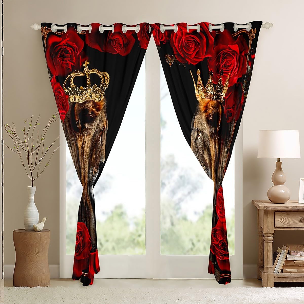 Feelyou Kids Lion Couple Darkening Drapes King and Queen 30%-50% Blackout Curtains Wild Animal Rose Window Curtains Boys Girls Safari Print Teens Window Treatments (2 Panels, 42 x 84 Inch)